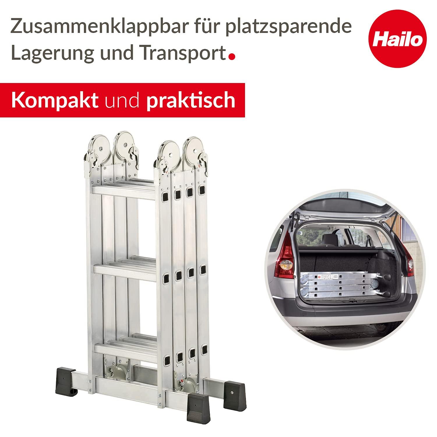 Hailo M60 Alumiinium Universaalredel – Kombiredel 4 x 3 astet, kuni 150 kg – Mitmeotstarbeline libisemiskindel tööplatvorm, toestusredel, A-redel – 6 turvalist liigendit – Hõbedane – lisavaade