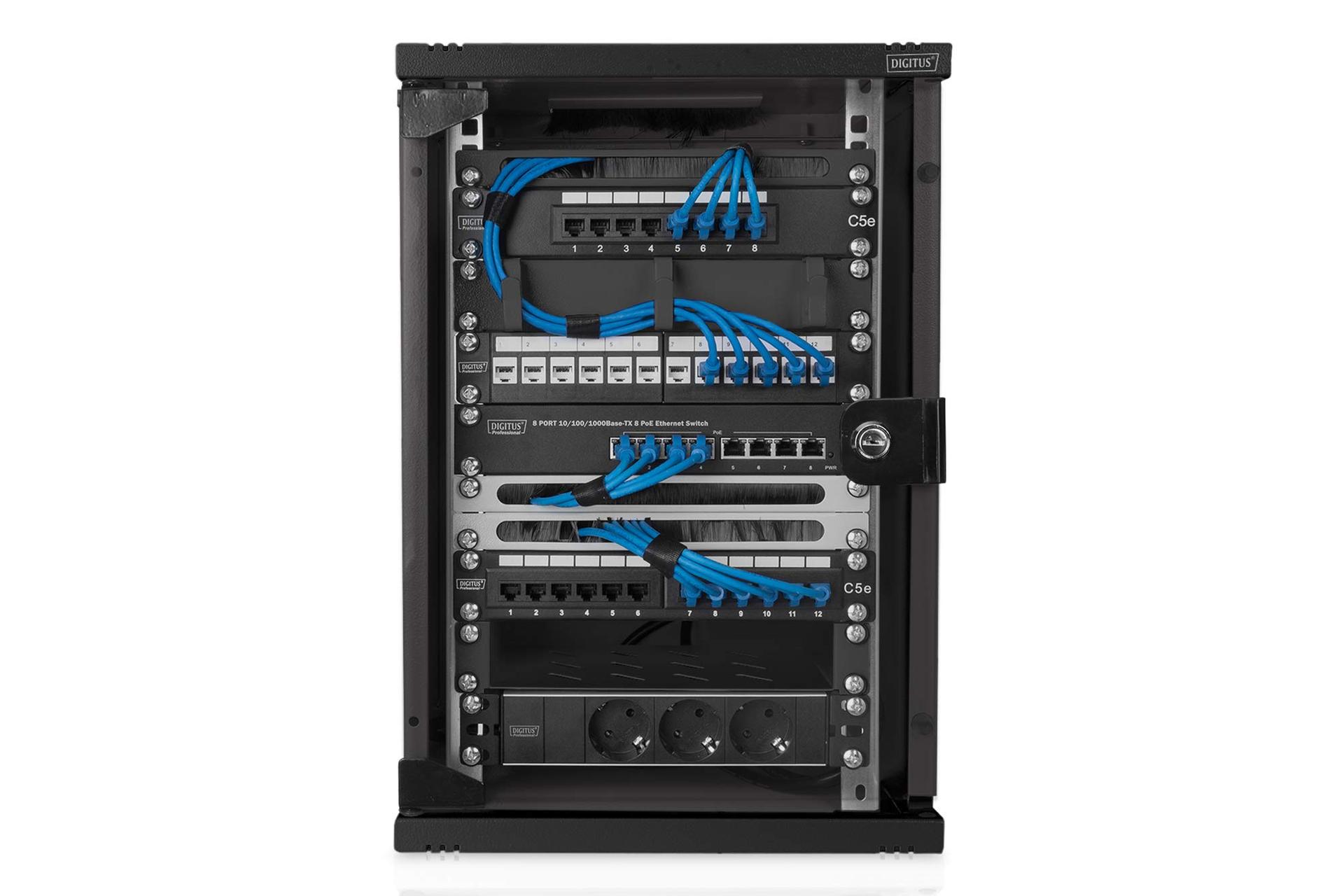 DIGITUS Võrgukapp 10-tolline – 9HE – Seinale kinnitatav – HxBxT 464x312x300mm – Kandevõime 30kg – Kasutussügavus 240mm – Must – detailne vaade
