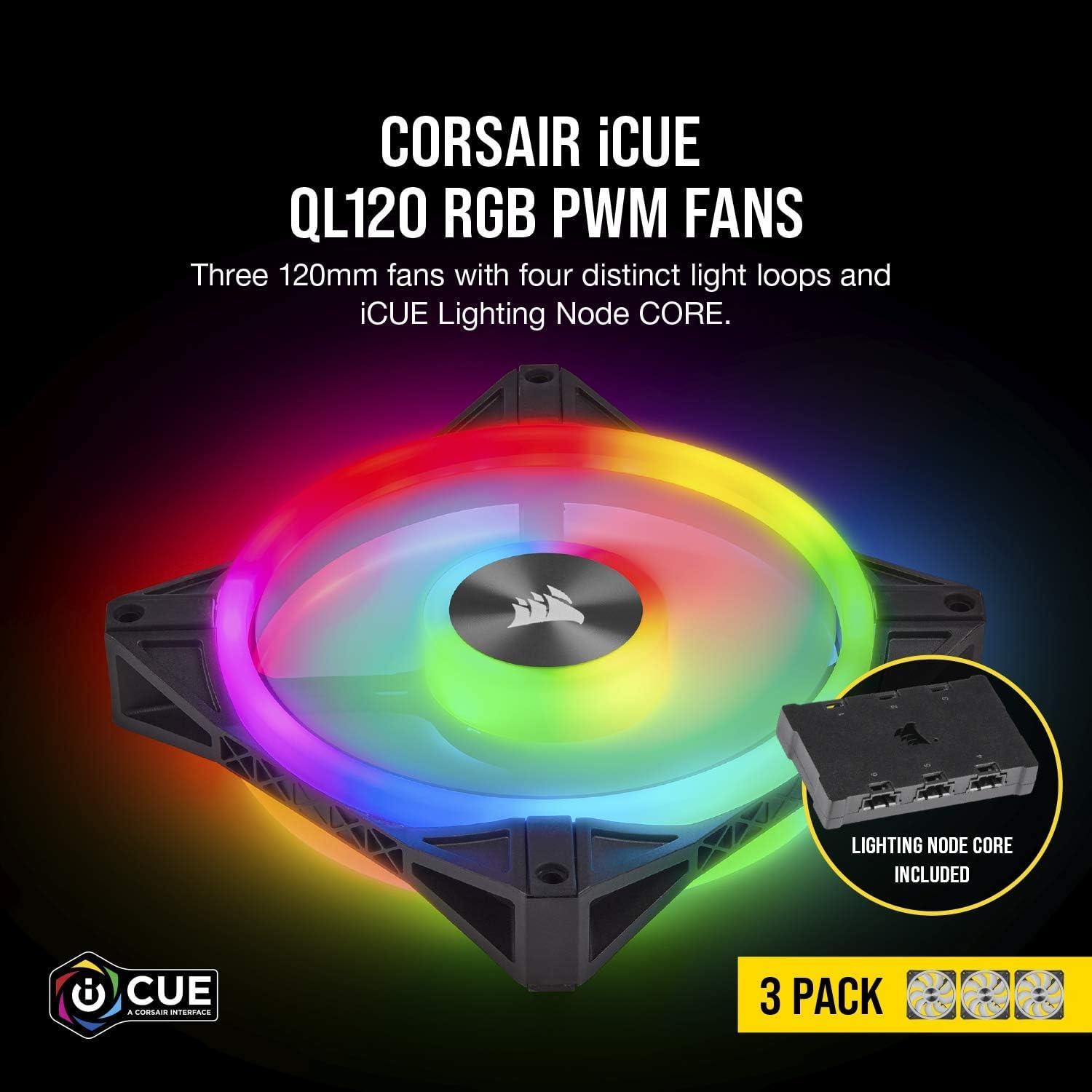Corsair iCUE QL120 RGB, 120 mm LED PWM ventilaator (lauaarvutitele, 68 individuaalselt juhitavat RGB-LED-i, kiirus kuni 1 500 p/min, madala müratasemega) 3-osaline komplekt koos Lighting Node Core’iga – must – detailne vaade
