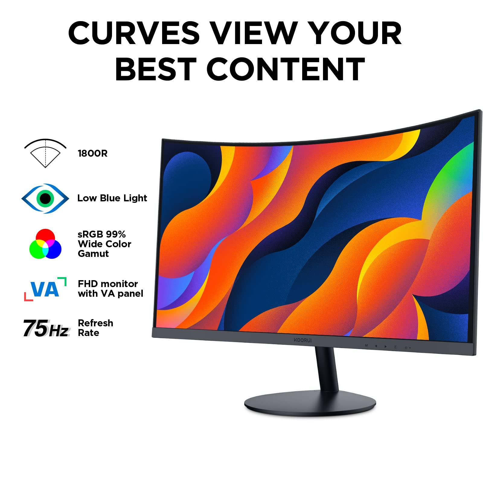 KOORUI Kumer Monitor – 27-tolline FHD Kumer Arvutimonitor, 1800R Kumerus, VA-paneel, 75Hz, VGA, Gaming Monitor, Silmasõbralik, Kallutamise Reguleerimine, HDMI, Must 27N5C – pakend ja tarvikud
