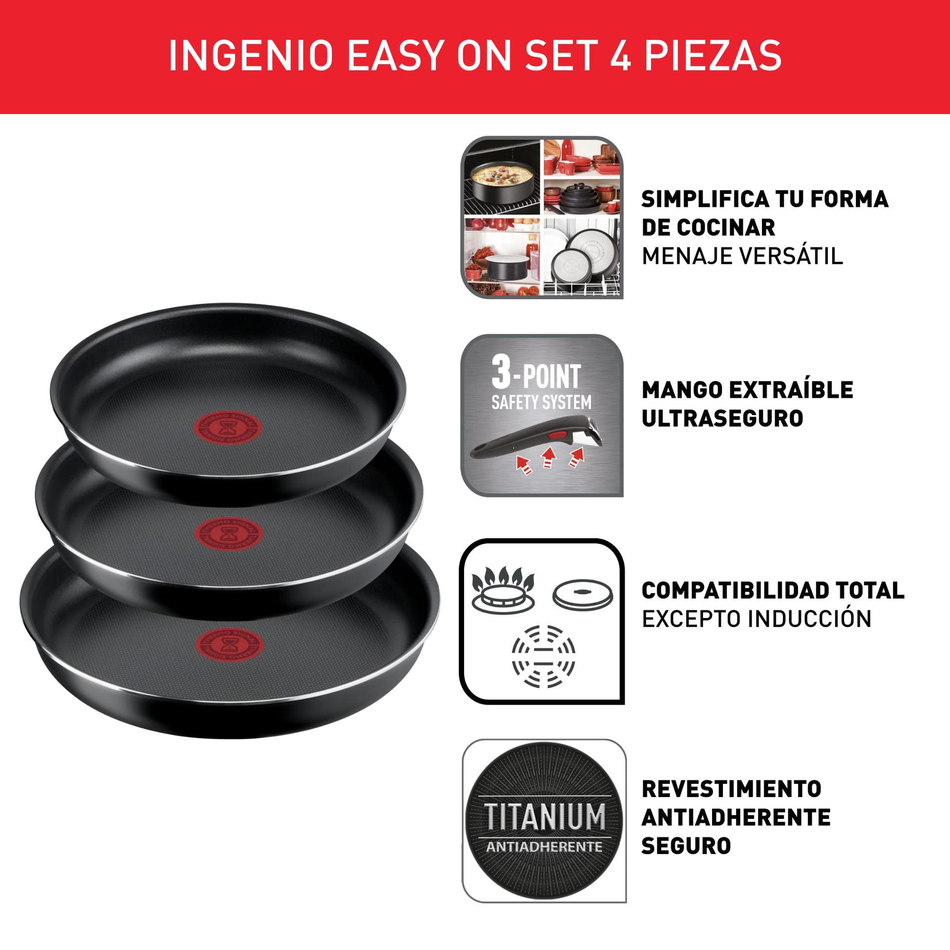 Tefal Ingenio Easy On pannide komplekt, 3 panniga ja eemaldatava käepidemega, 22/24/26 cm, mittenakkuv kate, mitte induktsioonile sobiv, Thermo-Signal, ahjukindel – pakend ja tarvikud