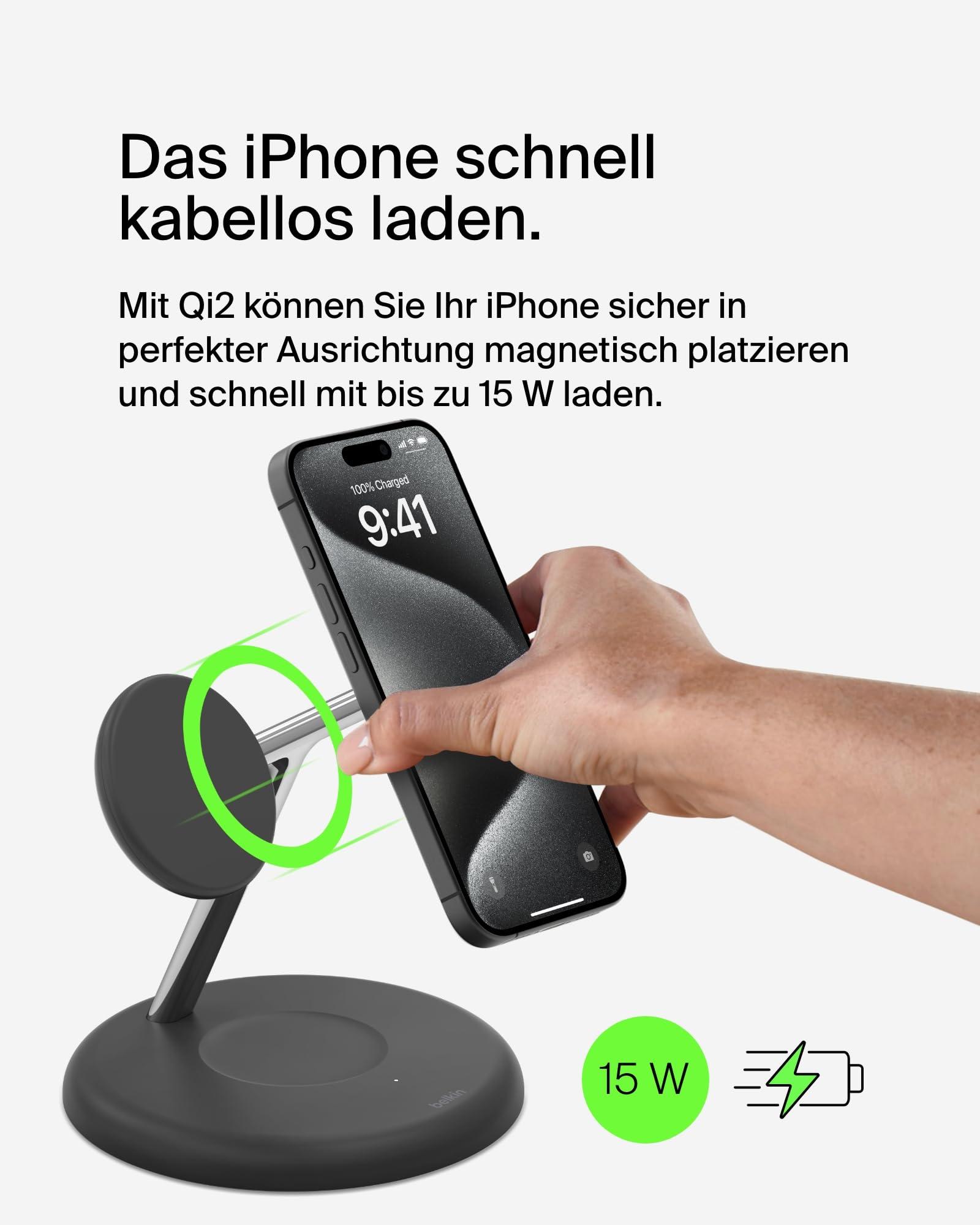 Belkin juhtmevaba 3-in-1 laadimisjaam magnetilise MagSafe-ühilduva Qi2 tehnoloogiaga, 15 W, sobib iPhone 16, 15, 14, 13 seeriaga, AirPods, Apple Watch – must – pakend ja tarvikud