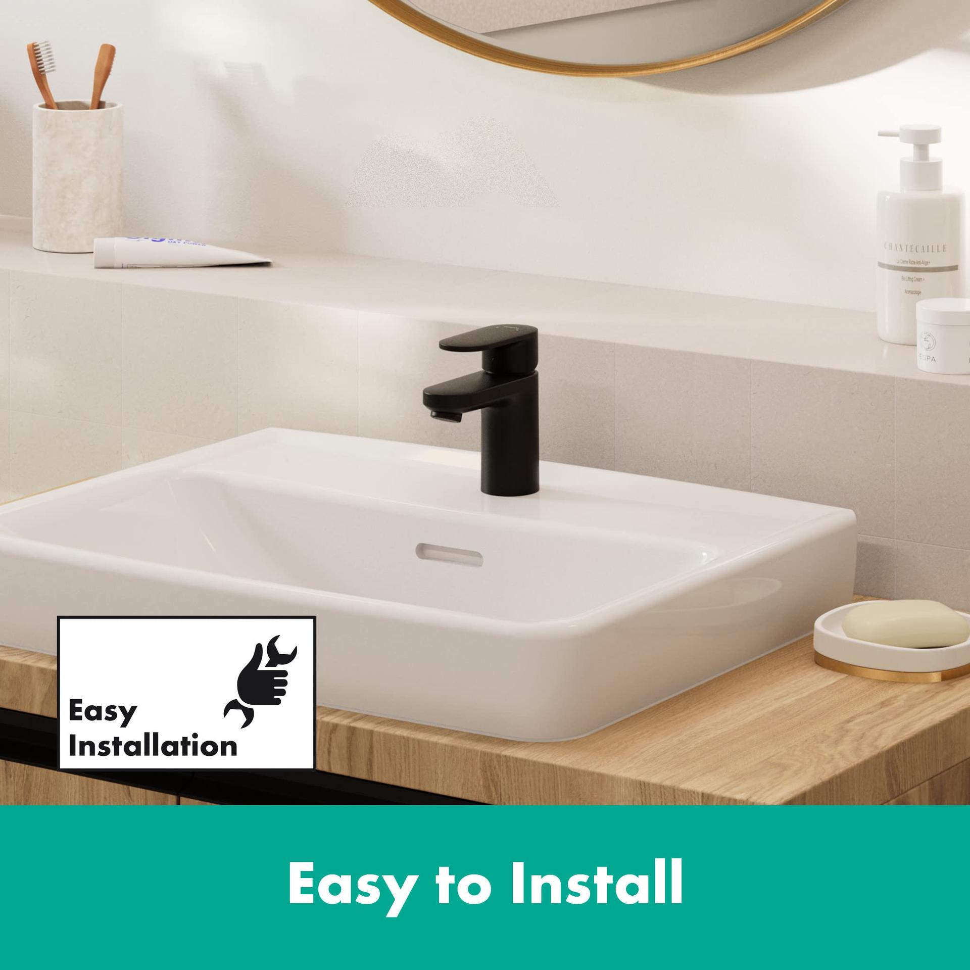 hansgrohe Vernis Blend – valamu segisti ilma äravooluta, veesäästlik kraanikausi segisti (EcoSmart), matt must, 71558670 – pakend ja tarvikud