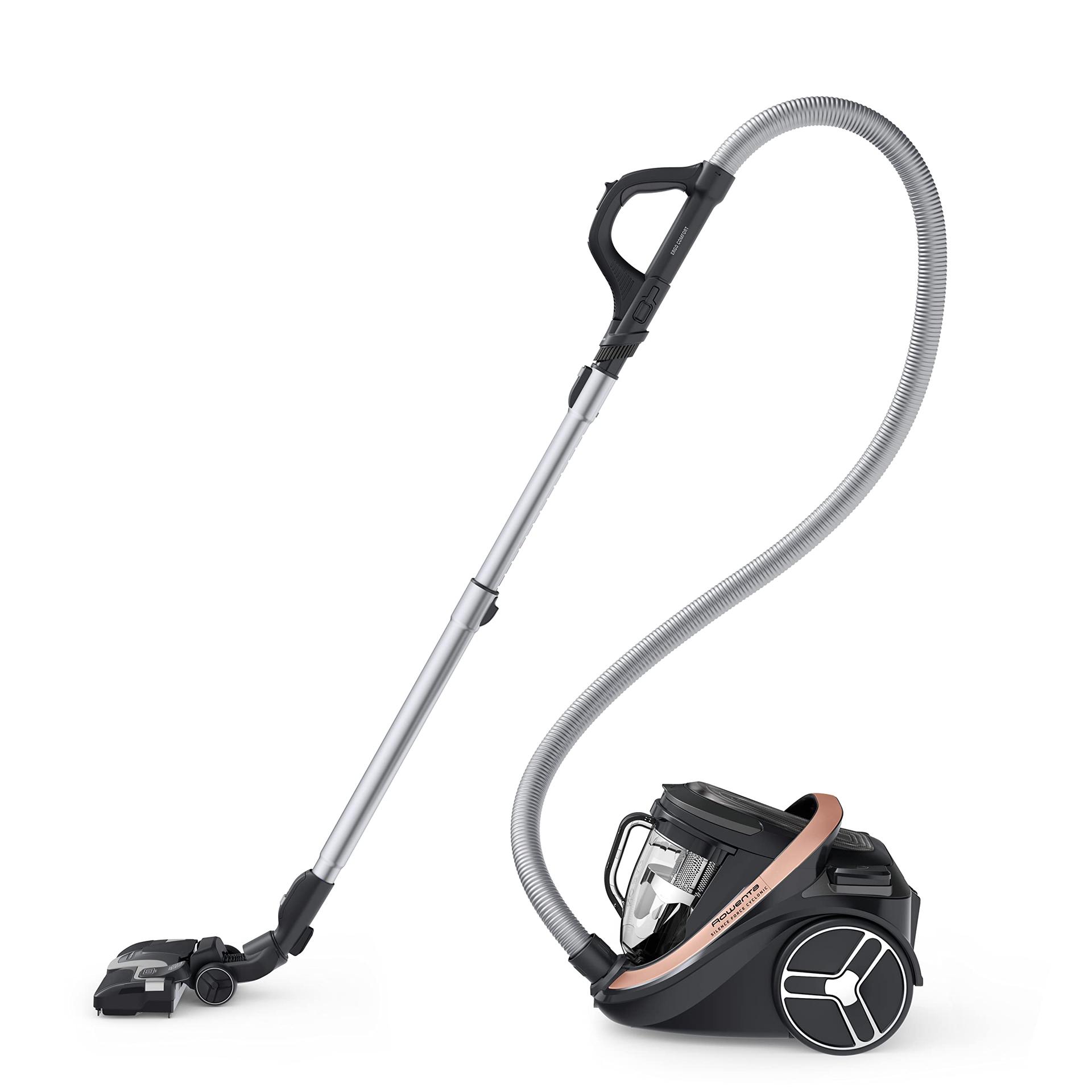 Rowenta RO7954 Silence Force Cyclonic Effitech, kotita tolmuimeja ilma kotita, Must/Roosakuldne, 2,5 liitrit, 59 dB – pakend ja tarvikud