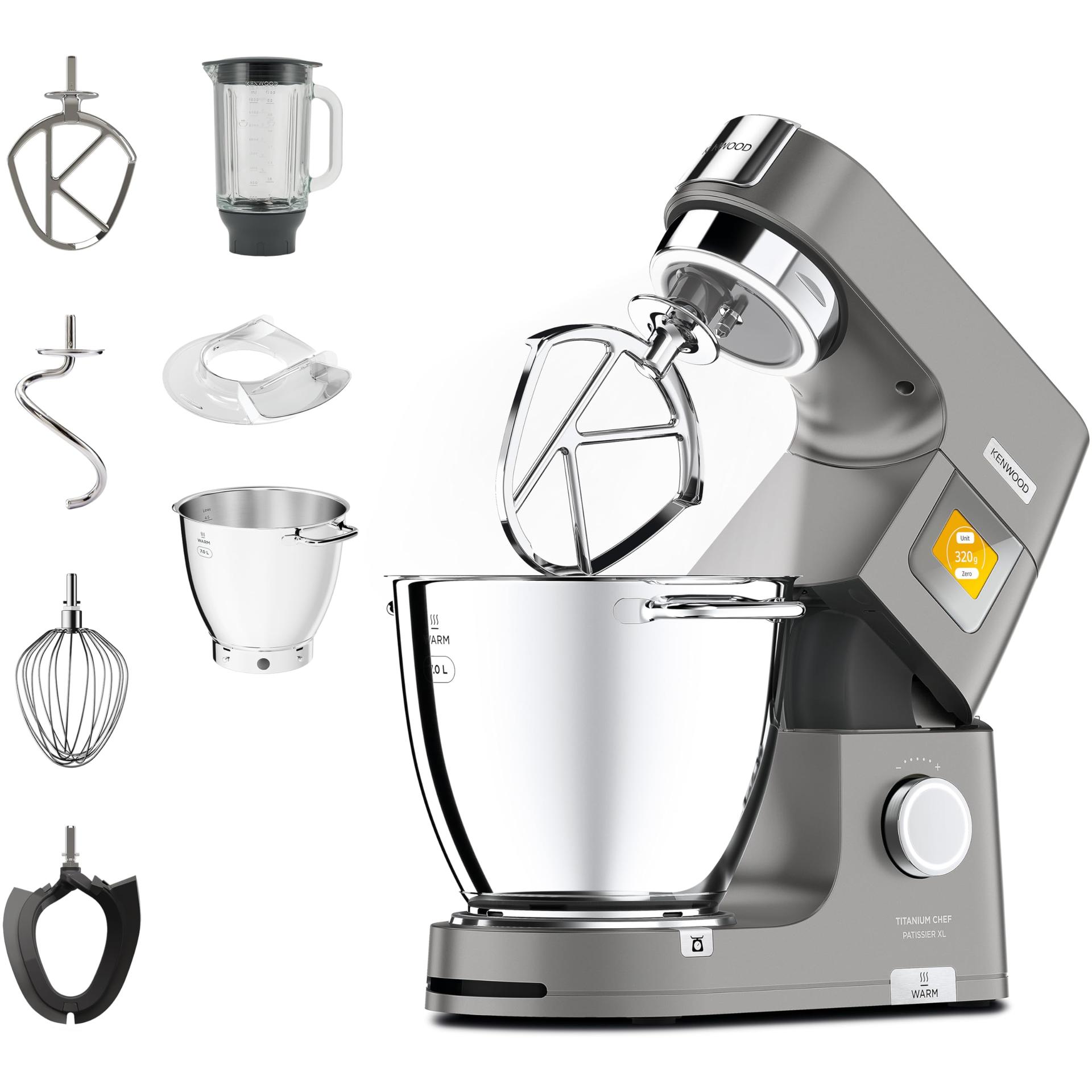 Kenwood Titanium Chef Patissier XL KWL90.034SI – Köögikombain integreeritud kaaluga & 7L kausiga soojendusfunktsiooniga, 1400 W, 4-osaline kondiitristi komplekt, hõbedane