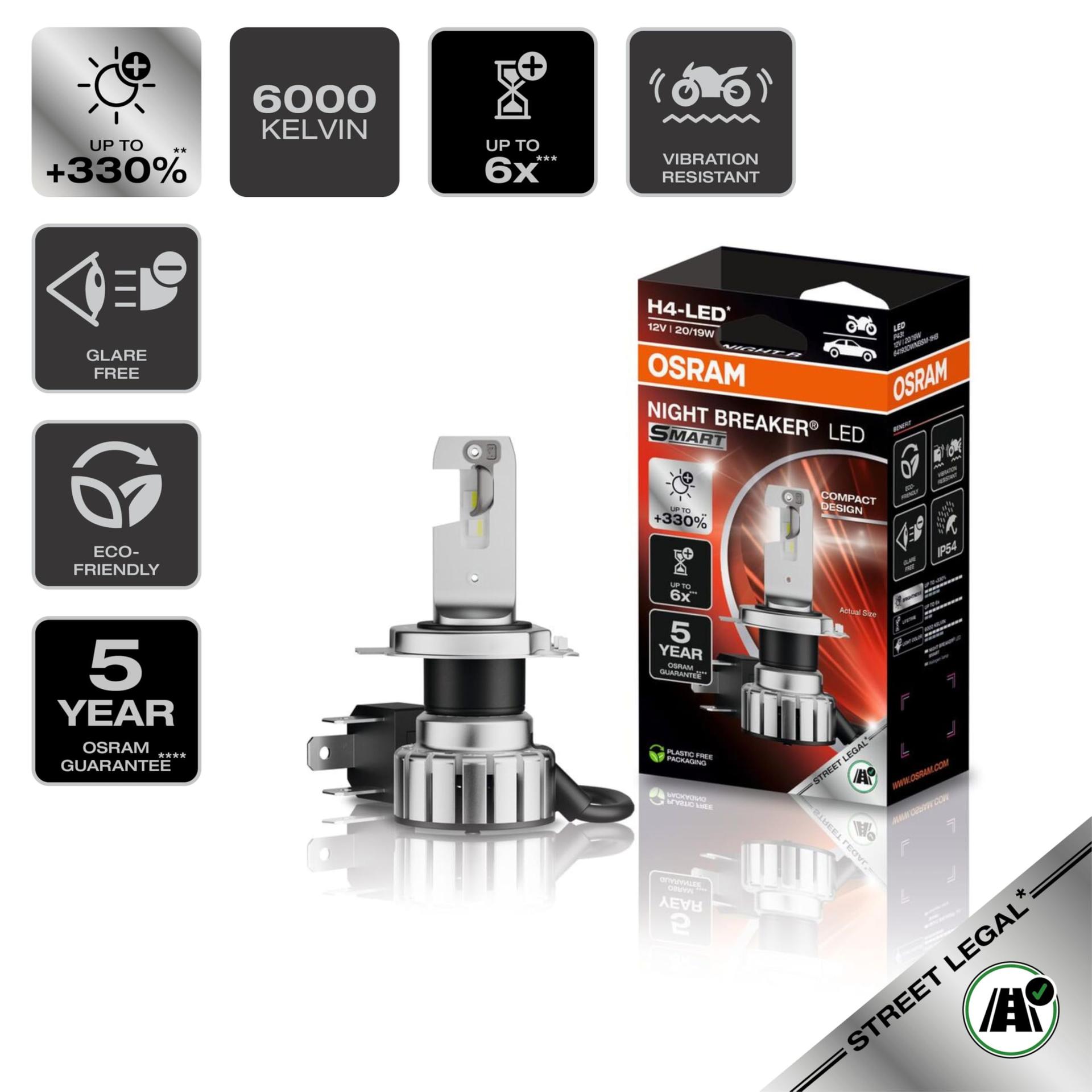 OSRAM NIGHT BREAKER LED SMART H4 mootorratastele; kuni 330% rohkem heledust; 6000K, LED-järelturu lamp mootorratastele tänavakasutuseks, valge – pakend ja tarvikud