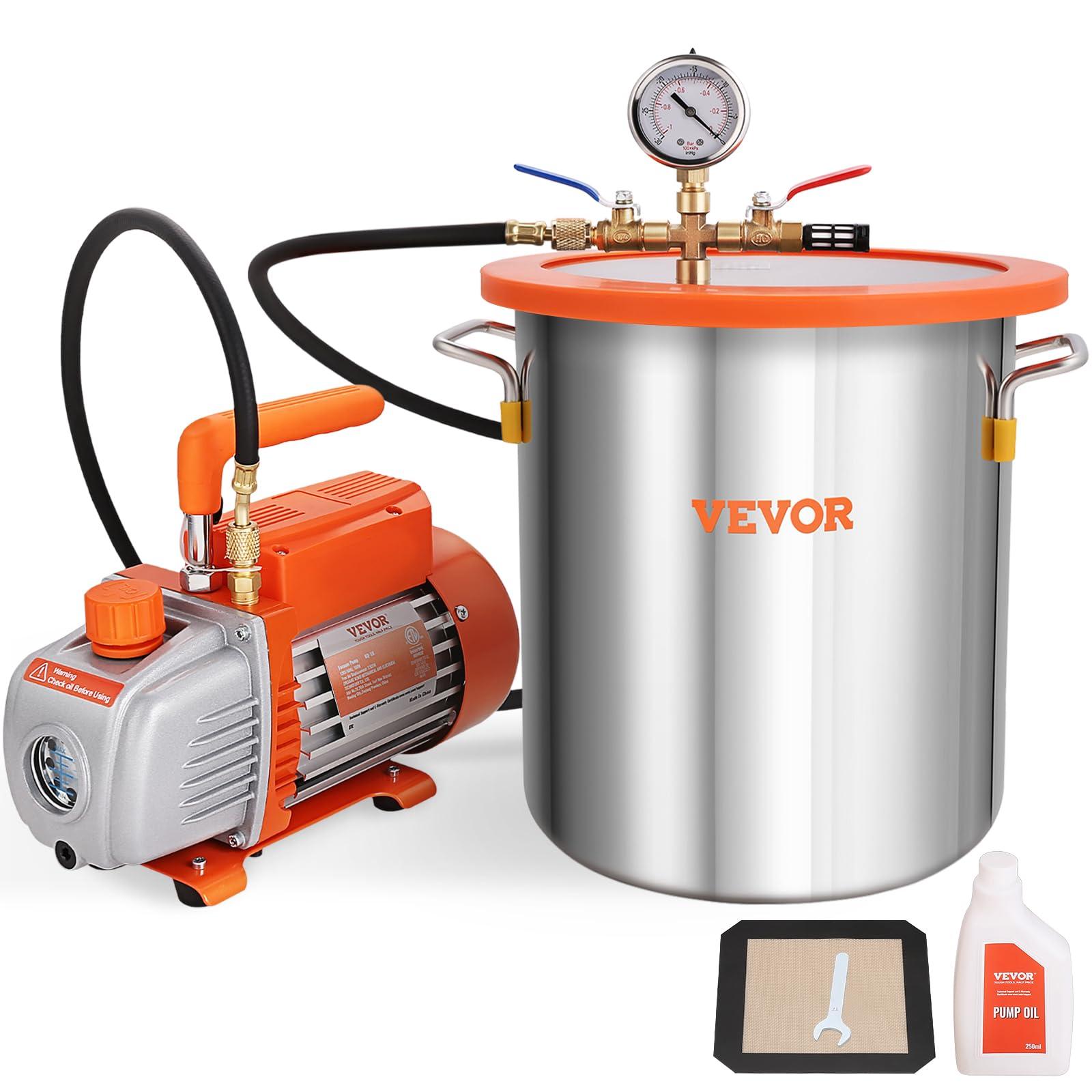 VEVOR vaakumpump koos 19L vaakumkambriga – 100L/min, 150W, 5 Pa vaakumpump puidu stabiliseerimiseks ja vaiguga töötlemiseks