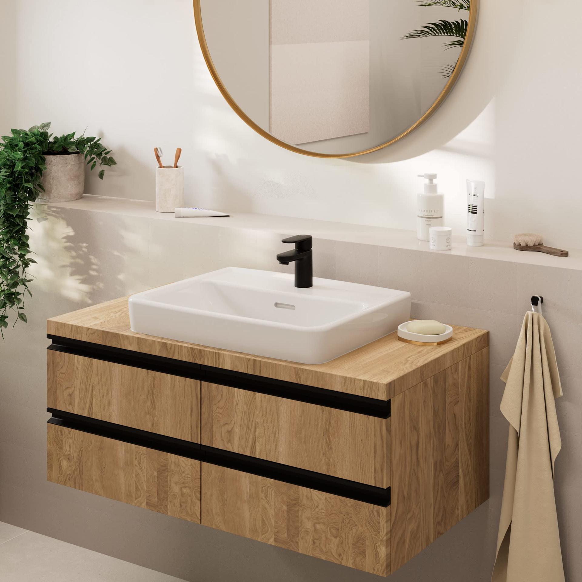 hansgrohe Vernis Blend – valamu segisti ilma äravooluta, veesäästlik kraanikausi segisti (EcoSmart), matt must, 71558670 – kasutusnäide