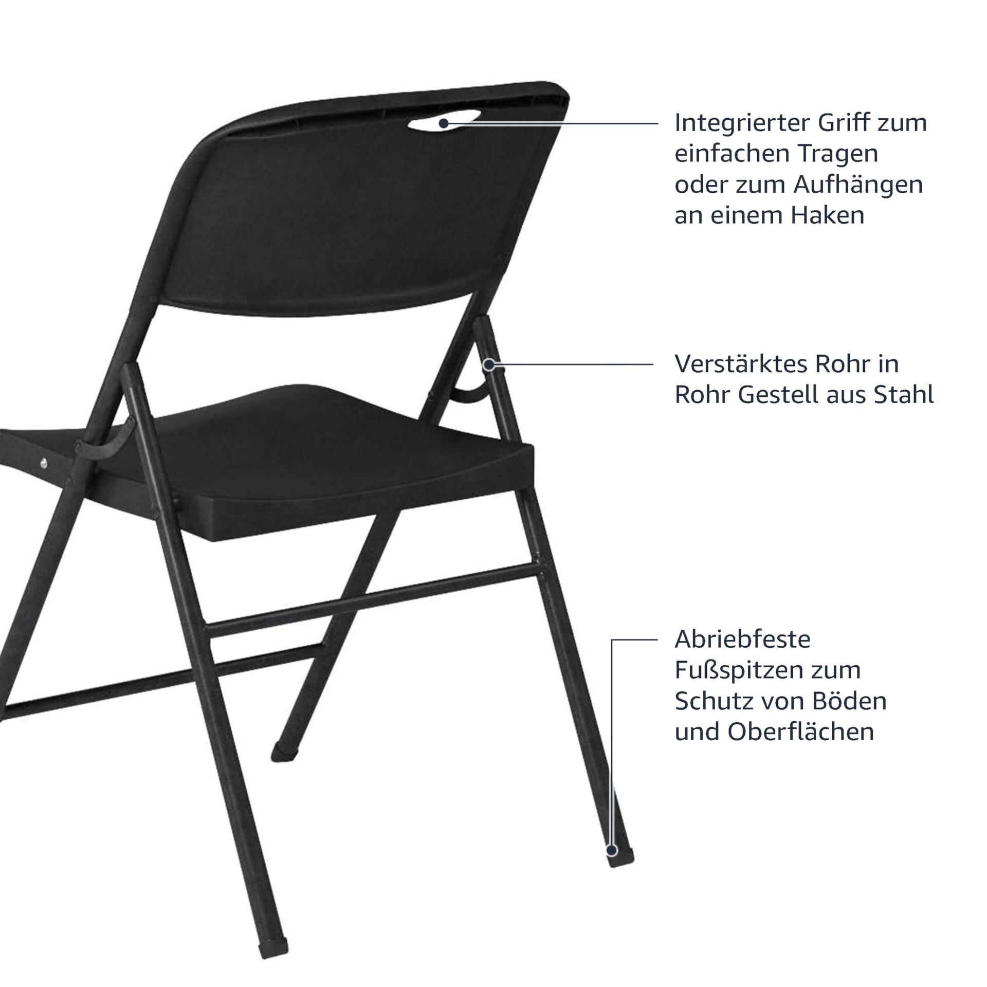 Amazon Basics kokkupandavad plastikust ja metallist toolid, 4-osaline komplekt, matkatooled, köögitoolid, sise- ja välistingimustes, must, kuni 158 kg – pakend ja tarvikud
