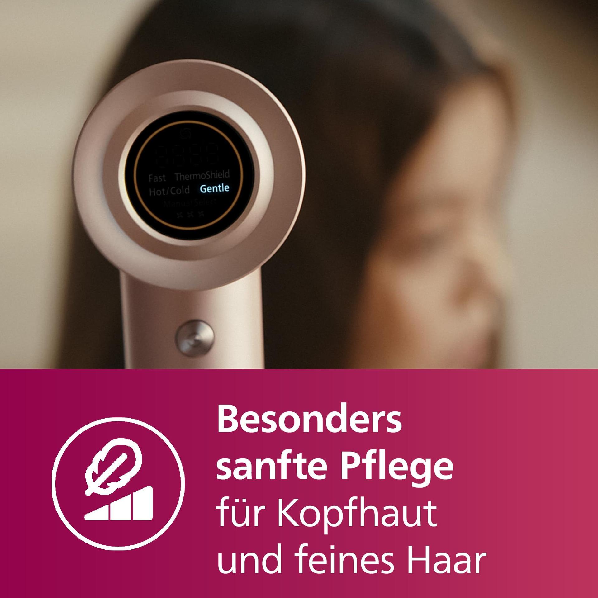 Philips kiiretoimeline föön Series 8000, ThermoShield Advanced, ioontehnoloogia, stiilidüüs & difuusor, peanaha hooldus, 1400 W, Rose Champagne, mudel BHD837/10 – lisavaade