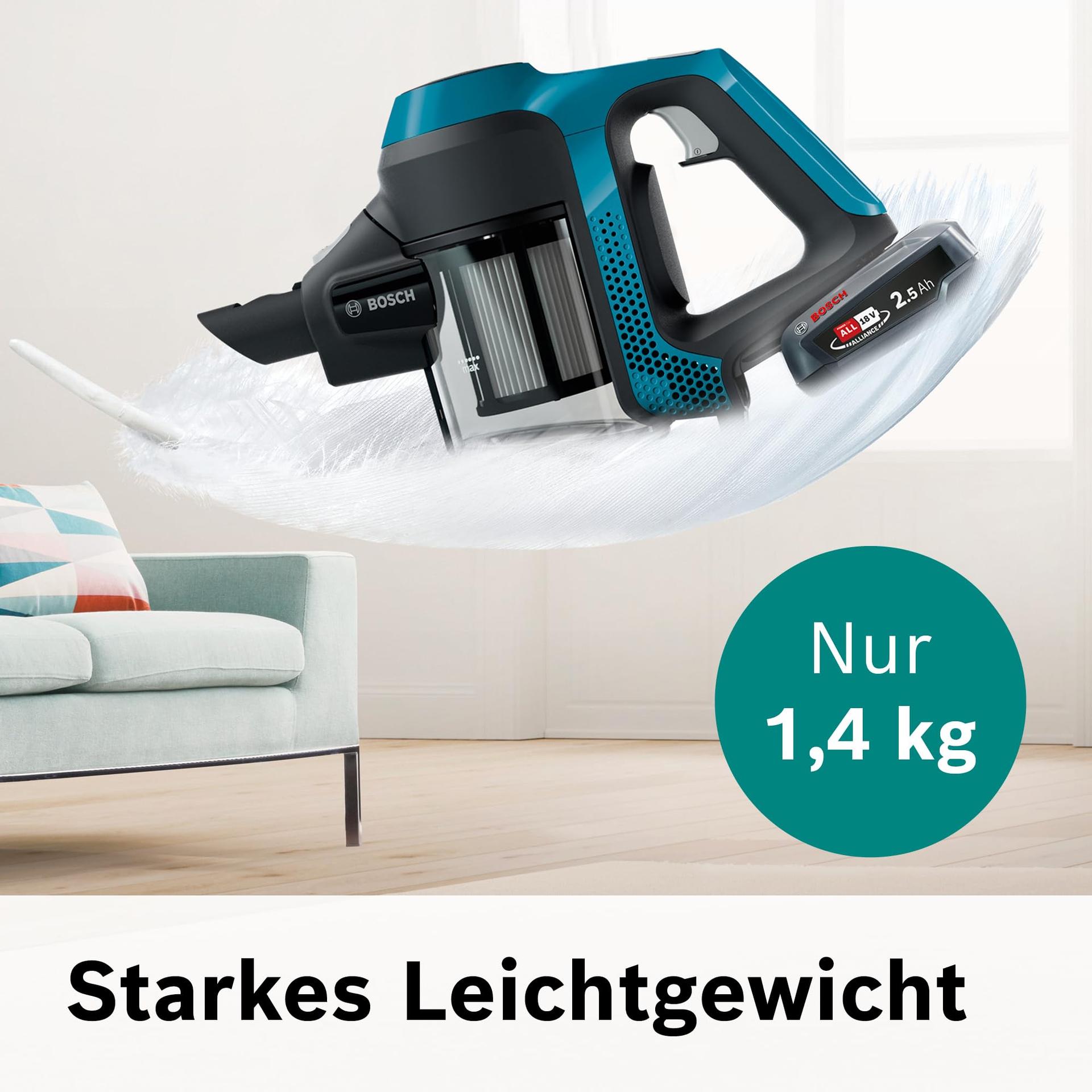 Bosch juhtmevaba tolmuimeja Unlimited Serie 6 BKS6111P, käsitolmuimeja, tolmukotita, kerge, hügieenifilter, kõrge imemisvõimsus, pikk tööaeg, piluotsik, kõikidele põrandatüüpidele, sinine – kasutusnäide