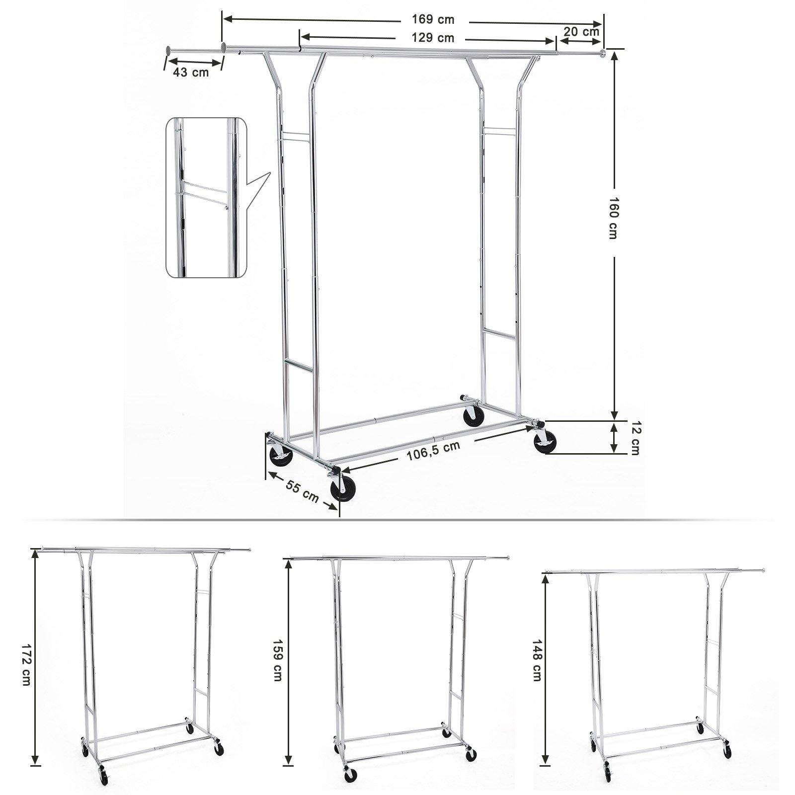 SONGMICS Tugev riidestange metallist, kuni 110 kg kandevõime, garderoobistange ratastega, pikkus 129-169 cm, kroomitud HSR12S – pakend ja tarvikud