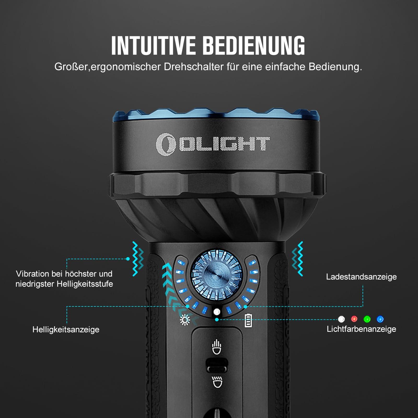 OLIGHT Marauder Mini LED Ülivõimas 7000 luumenit 600 meetrit Laetav Taskulamp koos Prožektori ja Hajutvalgusega, 3 värvilist LED-i ning kaugusanduriga õues kasutamiseks (Must) – pakend ja tarvikud