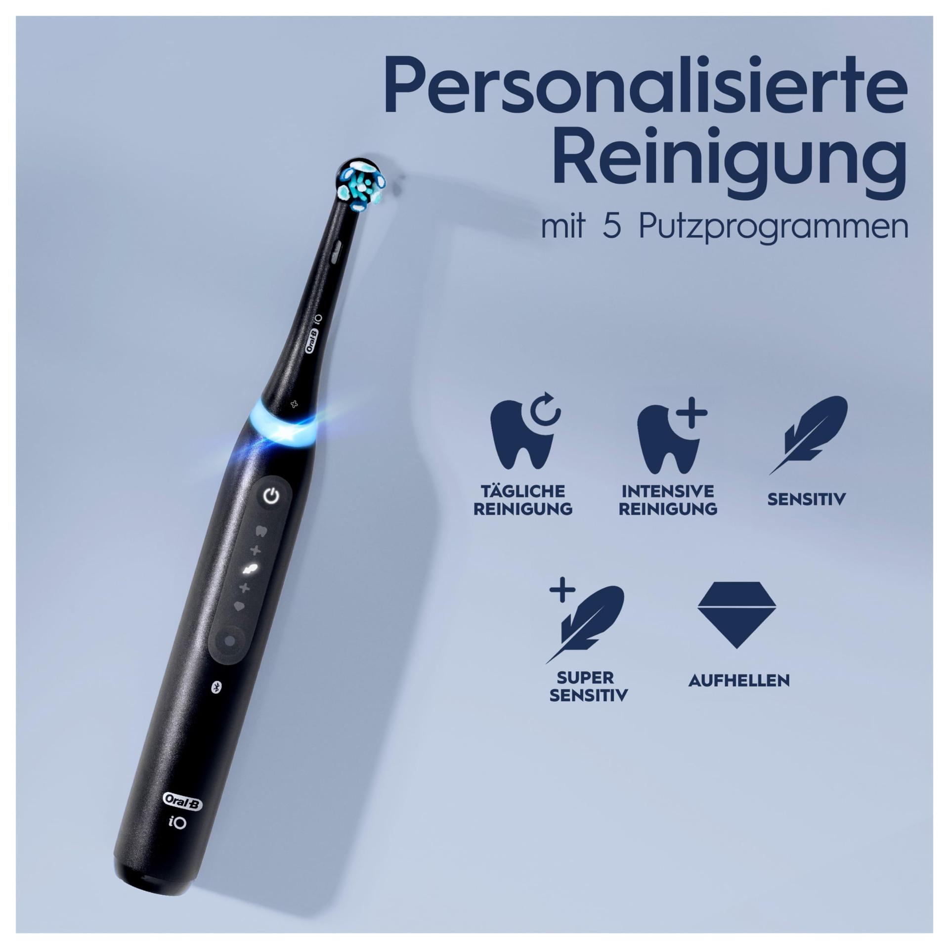 Oral-B iO Series 5 Plus Edition Elektriline Hambahari, 3 vahetatavat harjapead, valgendav efekt, reisikarp, 5 puhastusrežiimi, disainitud Braun poolt, kingitus mehele/naisele, matt must – kasutusnäide