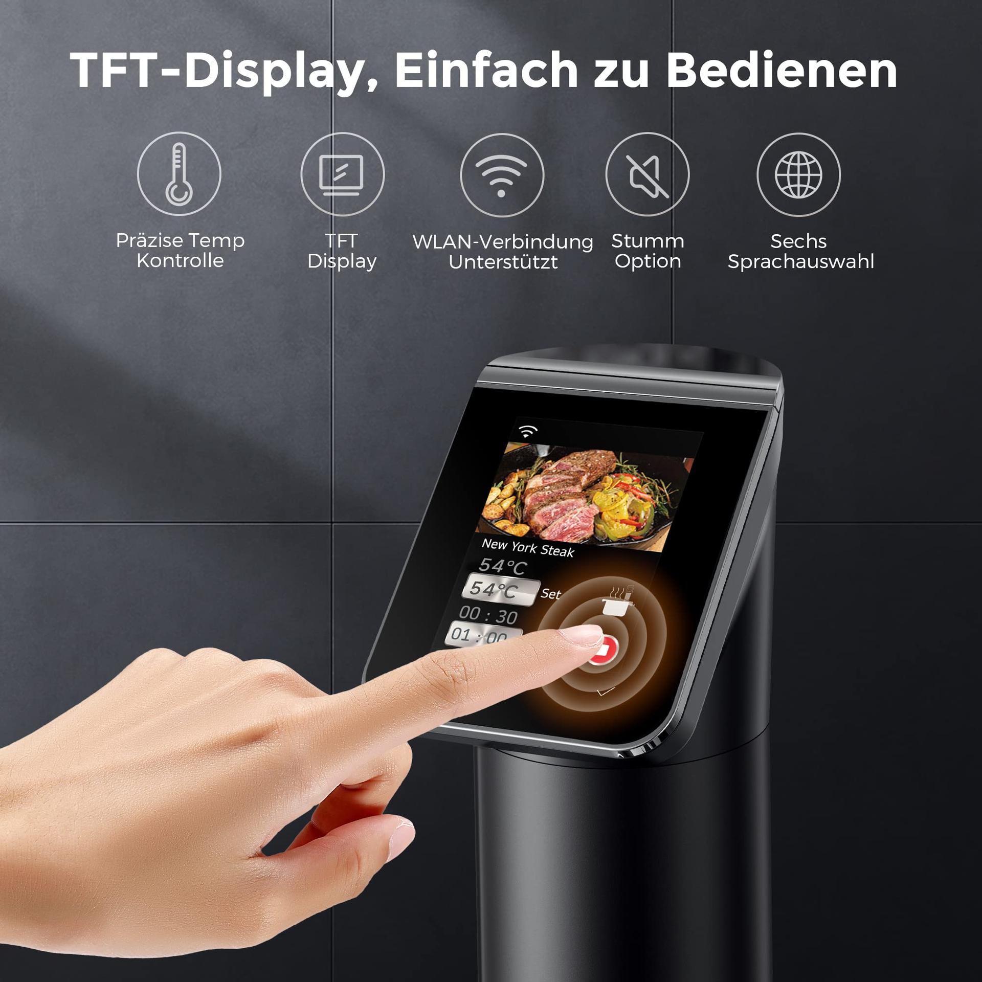 KitchenBoss Sous Vide keetmispulk WLAN: G330 WiFi täpne küpsetaja – temperatuuri reguleerimine kuni 90°C, veekindel IPX7, TFT puutetundlik ekraan, 360° tsirkulatsioon taimeriga – detailne vaade