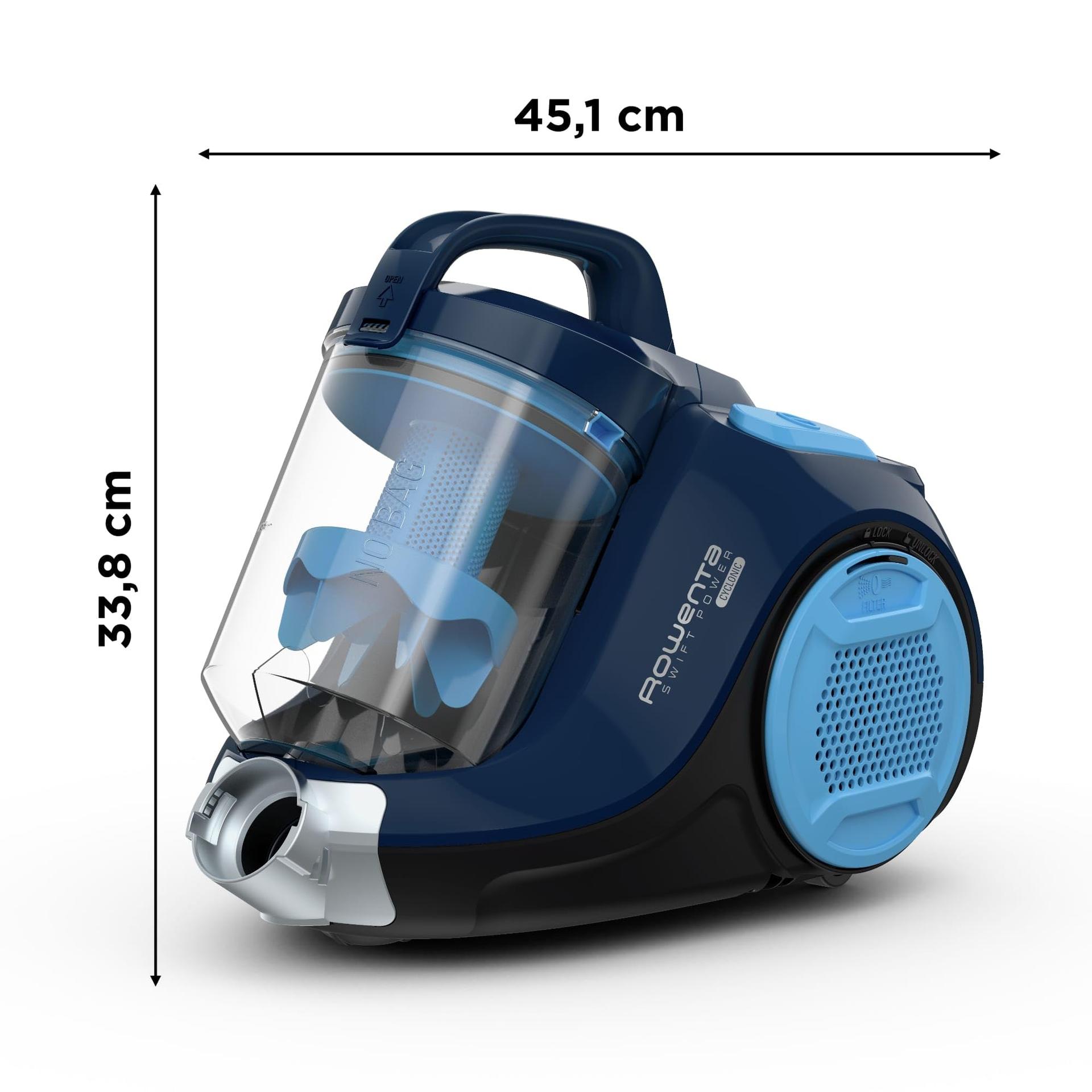 Rowenta Swift Power Cyclonic tolmuimeja ilma kotita, 900 W, võimas imemine, 1,2 L tolmuanum, kõrge filtreerimine, suur katvus, juhtmega kotivaba tolmuimeja, sinine, RO2981EA – kasutusnäide