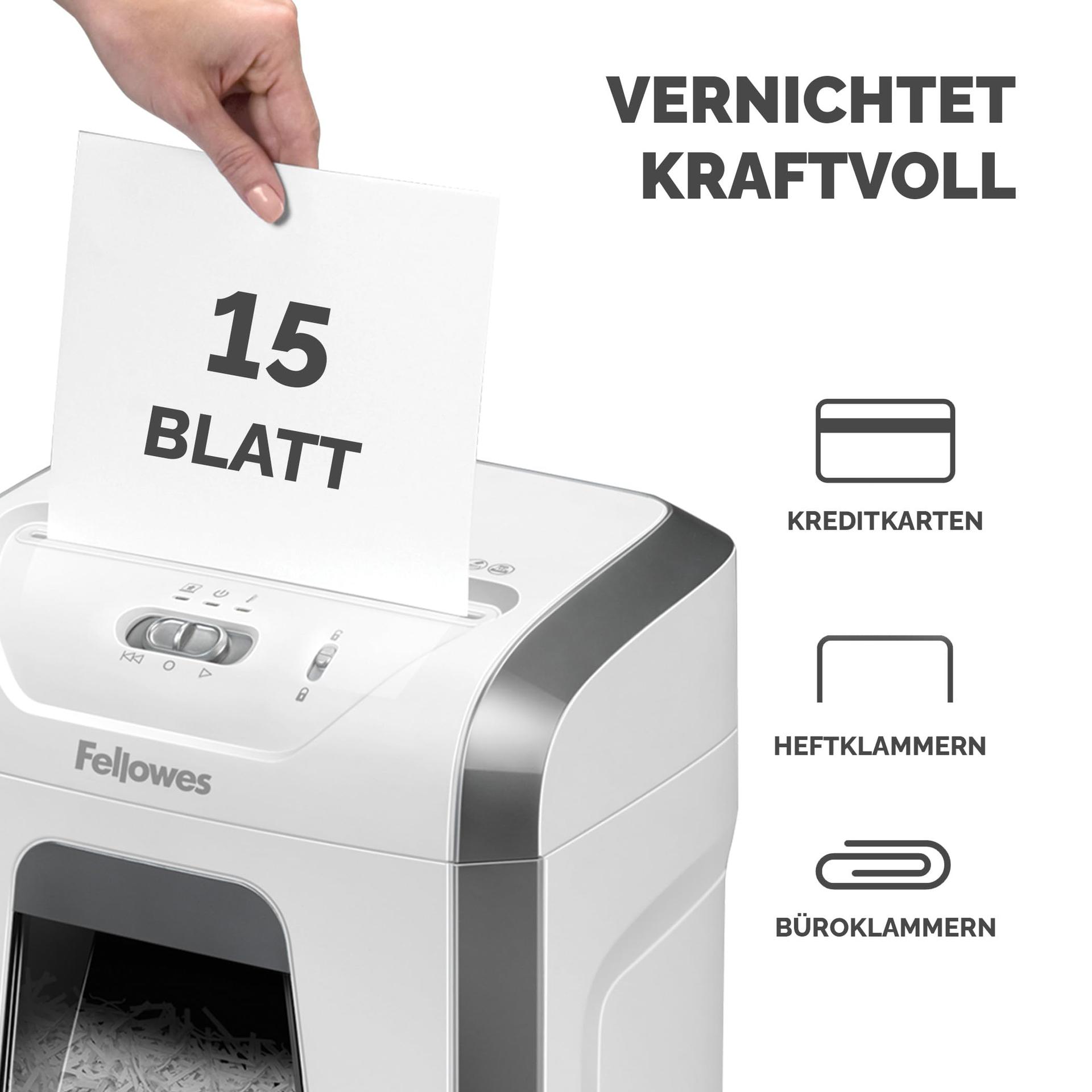 Fellowes dokumendihävitaja kodukontorisse – 15-leheline ristlõikega purustaja lauale – Powershred 15C hävitaja 19L mahutiga – kõrge turvataset P-4 – valge – pakend ja tarvikud