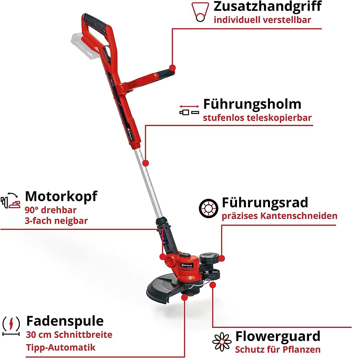 Einhell akuga murutrimmer GE-CT 18/30 Li-Solo Power X-Change (Li-Ion, 18V, lõikelaius 30 cm, 90° pööratav ja kallutatav mootoripea, sh niidukassett, ilma aku ja laadijata) – pakend ja tarvikud