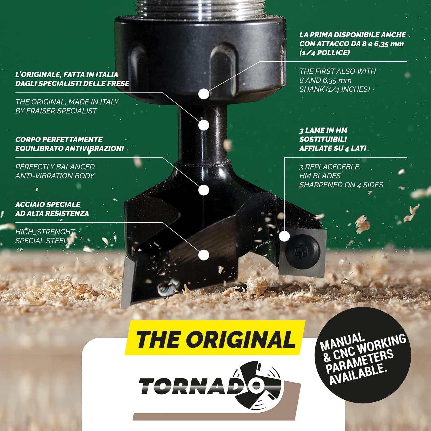 TORNADO Fraiser tasafrēes 8mm varrega puidule, läbimõõt 35 mm, 3 vahetatava kõvasulamm-teraga, kaetud 10,5 x 10,5 mm, ülafreesile (D=35 I=10.5 S=8) – pakend ja tarvikud