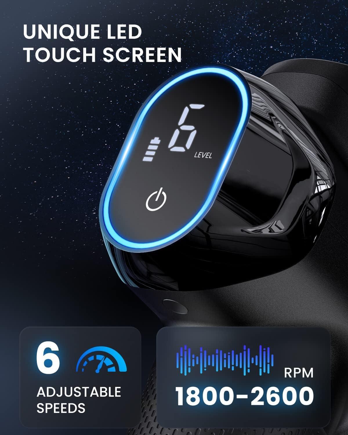 RENPHO R3 Power massaažipüstol, 12MM amplituudiga massaažiseade Type-C laadimise ja 6 massaažiotsikuga, LED-puuteekraaniga seljamassaažiseade, kingitus meestele – pakend ja tarvikud