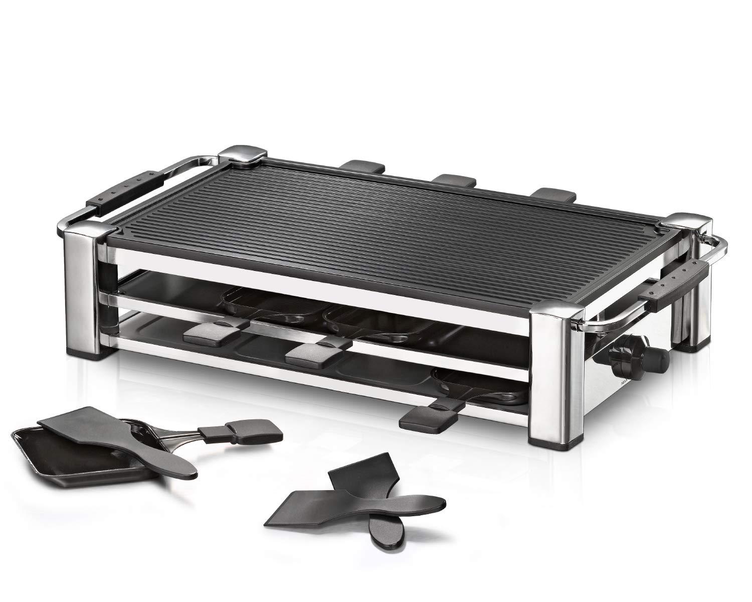 ROMMELSBACHER RCC 1500 Raclette-Grill (2 m pikk juhe, lauagrill 8 inimesele, alumiiniumist grillplaat, Xylan Plus mittenakkuv kate, parkimistekk, 1500 W) kroom – lisavaade