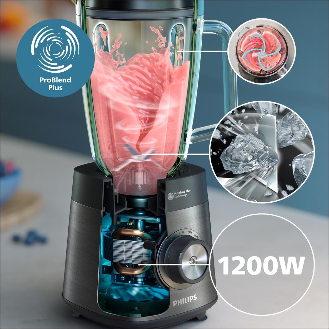 Philips 5000-seeria blender koos Blend-and-Go anumaga – 1200 W, 2L maht, ProBlend Plus tehnoloogia, nõudepesumasinas pestav, automaatne puhastus, must (HR3041/00) – detailne vaade