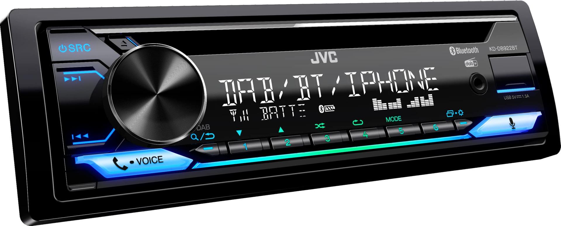 JVC KD-DB922BT CD-Autoradio DAB+ ja Bluetooth käed-vabad süsteemiga (USB, AUX-In, 3 x Pre-Out 2,5V, Amazon Alexa, Heliprotsessor, 4×50 W, Muudetav valgustus)