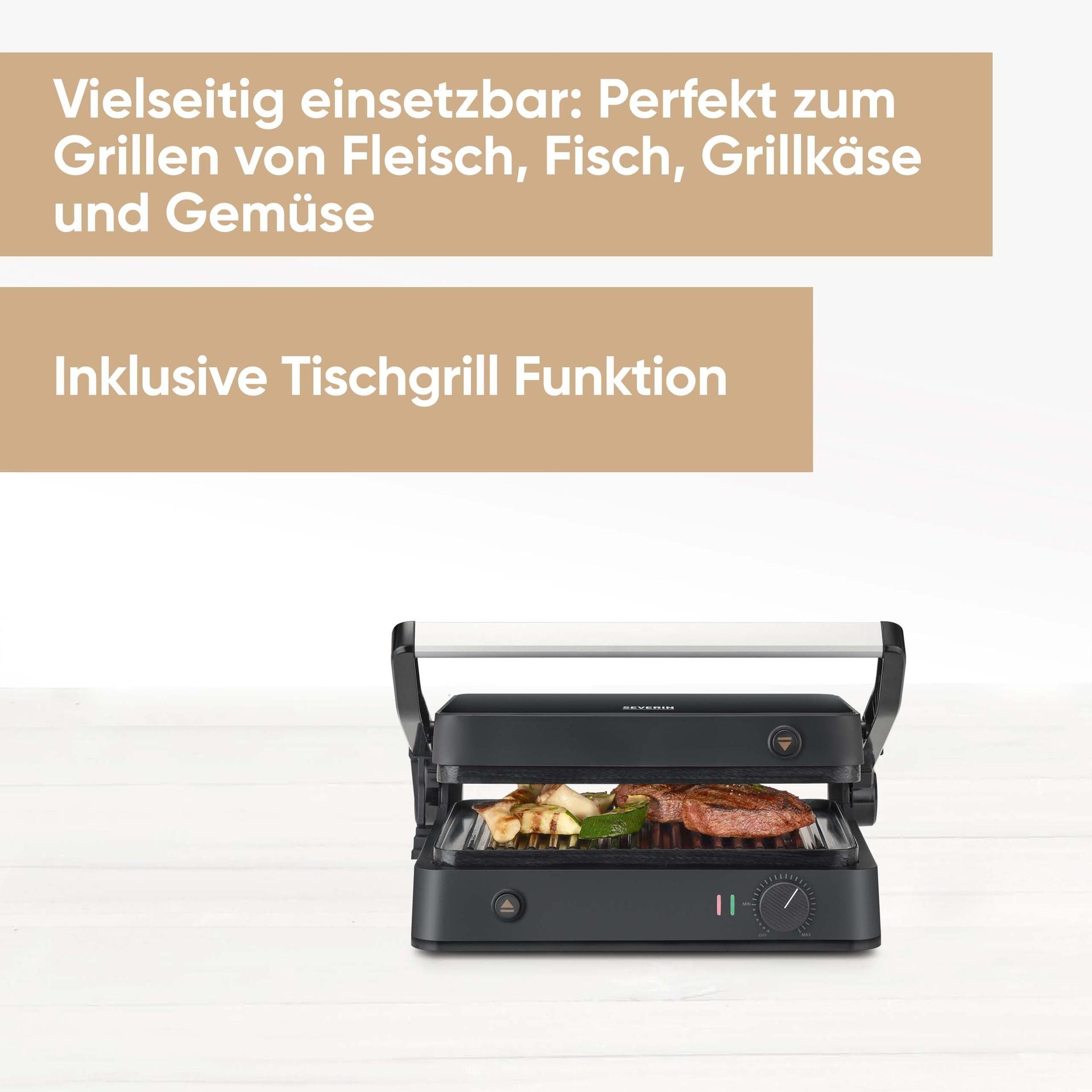 SEVERIN SEVINI Lite kontaktgrill – liha, kala ja köögivilja grillimiseks, keraamilise kattega võileivagrill rasvavabaks grillimiseks, sisetingimustes kuni 220°C, 1.800 W, must, KG 2398 – detailne vaade