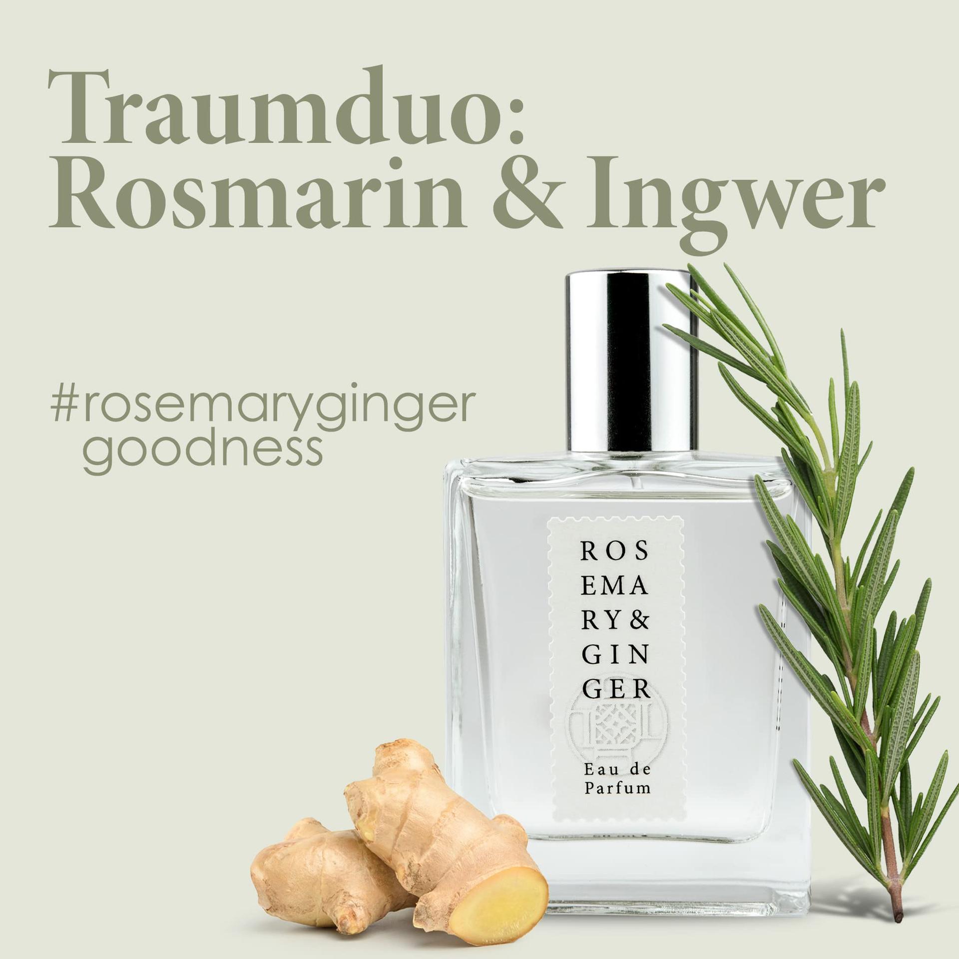 Jean & Len Rosemary & Ginger Eau de Parfum – vürtsikas ja värske rosmariini ja ingveri lõhn, käsitsi valmistatud minimalistlikus klaasflakonis, unisex-parfüüm, 50 ml – pakend ja tarvikud