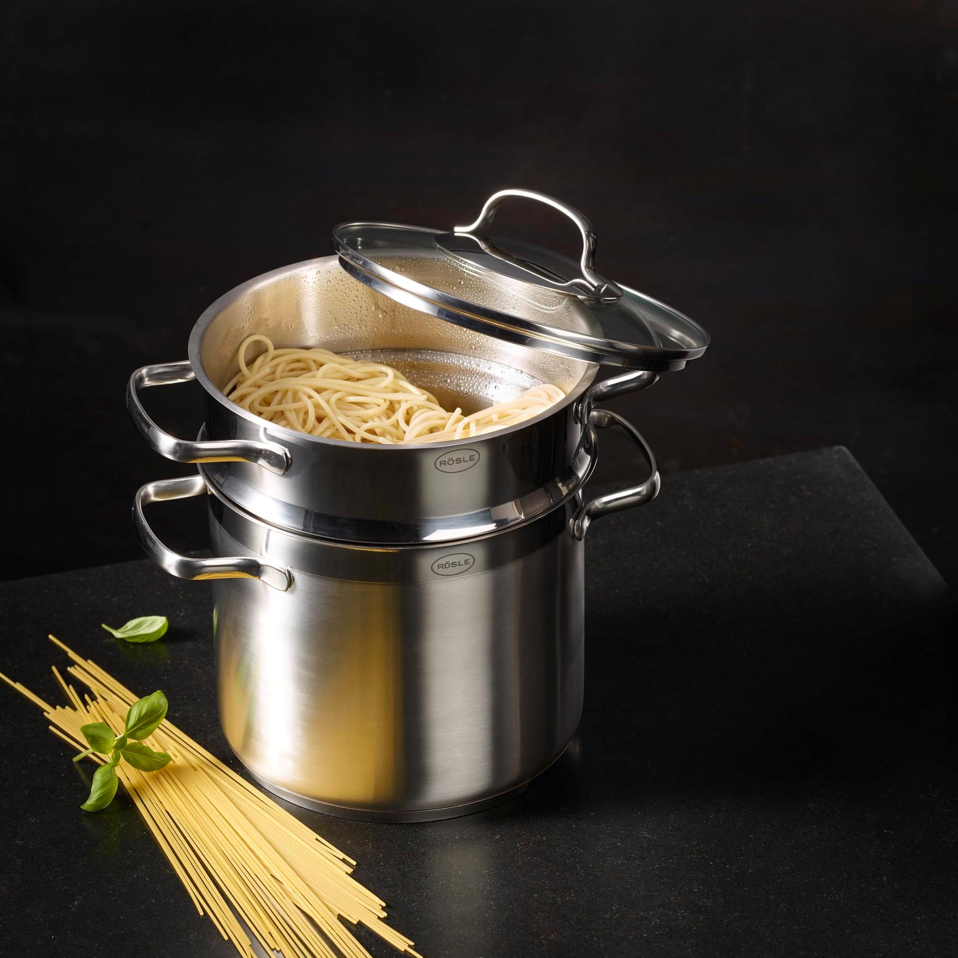 RÖSLE ELEGANCE pastapott, kvaliteetne roostevabast terasest pott pasta või köögiviljade valmistamiseks, 5 liitrit, roostevaba teras 18/10, pastasisu, sisemõõdustik, induktsioonisobiv, nõudepesumasinas pestav, 29 x 21,5 x 30,5 cm – lisavaade