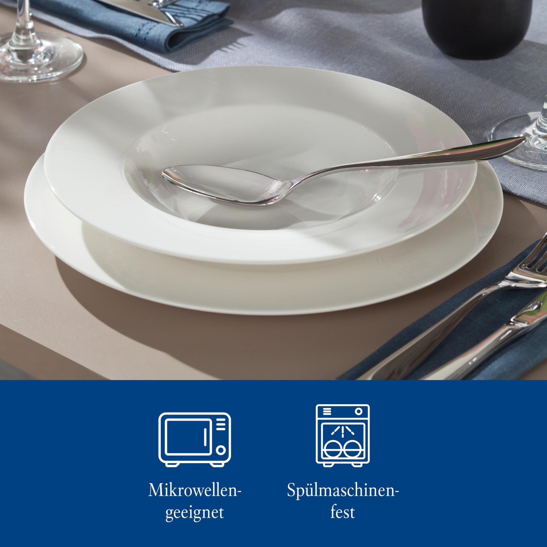 vivo by Villeroy & Boch Basic White nõudekomplekt, 12-osaline valge lauanõud, taldrikute komplekt, valge portselan, nõudekomplekt 6 inimesele, söögitaldrikud, supitaldrikud, nõudepesumasinakindel, premium portselan – kasutusnäide