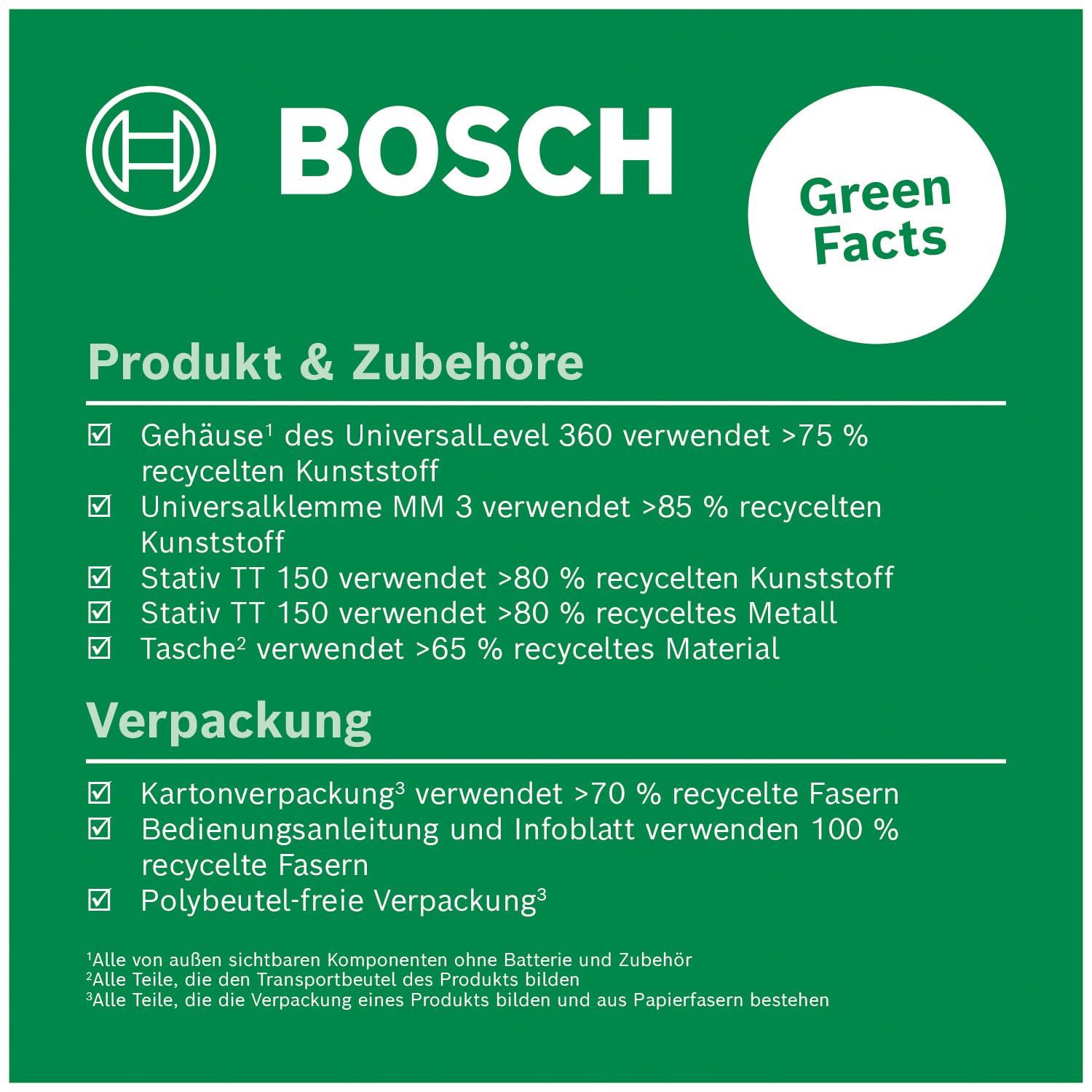 Bosch ristjoonlaser UniversalLevel 360 koos universaalklambri MM 3 ja premium-statiiviga TT 150 (vertikaalsed + horisontaalsed laserjooned, 360° joondamiseks terves ruumis, karbis) – pakend ja tarvikud