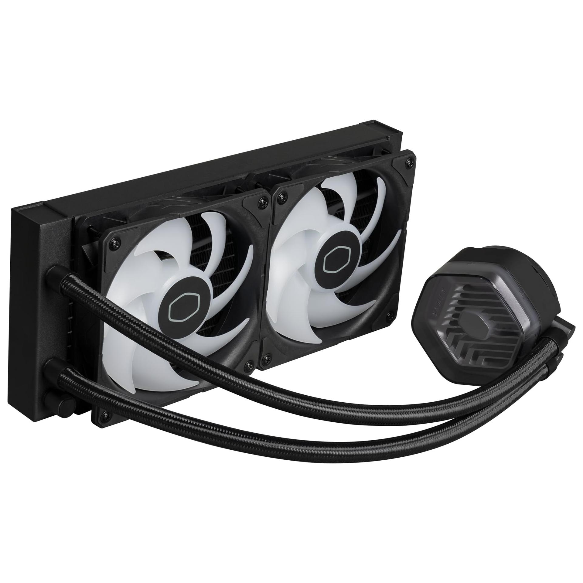 Cooler Master MasterLiquid Atmos 240 Must AIO CPU-veejahutus – Kahekambriline pump, eellaaditud SickleFlow 120 Edge ventilaatorid, adresseeritav Gen 2 RGB, LGA1700 & AM5 – Must – pakend ja tarvikud
