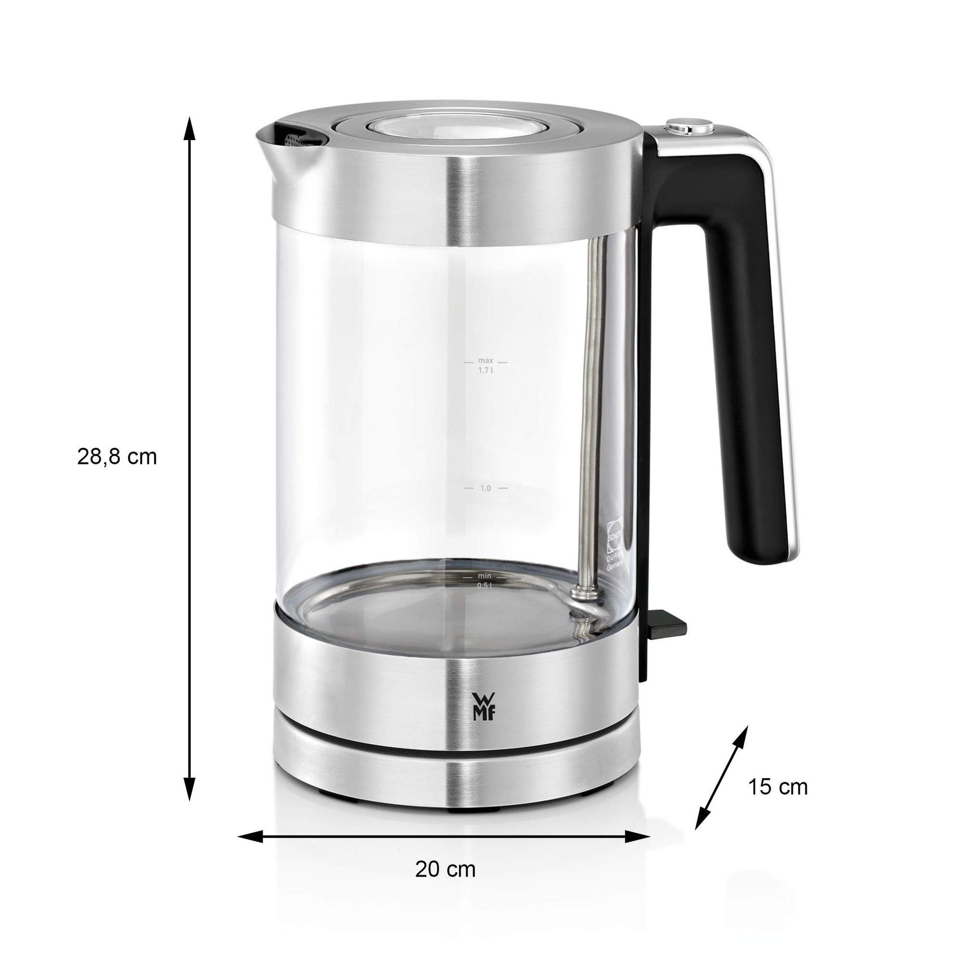 WMF Lono klaasist veekeetja 1,7 l, lubjafiltriga juhtmevaba klaasveekeetja, 3000 W, roostevaba teras, matt – pakend ja tarvikud