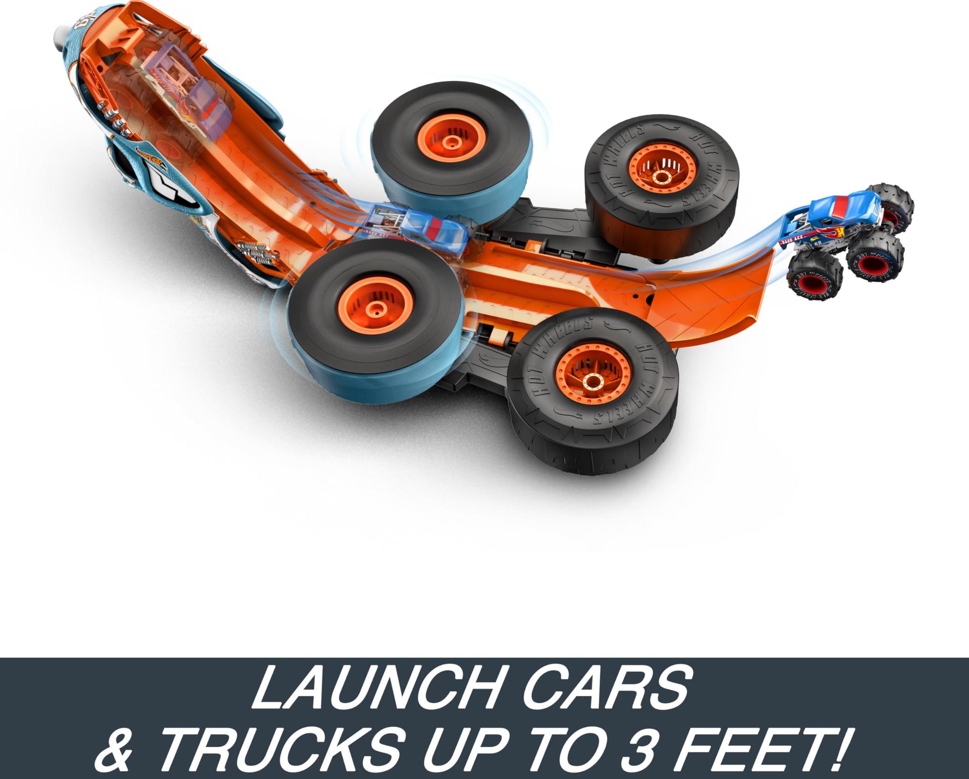Hot Wheels Monster Trucks juhtimispultiga auto, ümber ehitatav Rhinomite 1:12 mõõtkavas Race Ace mänguasjaautoga 1:64 mõõtkavas, muudetav stardiplatvormiks, HPK27 – pilt 6