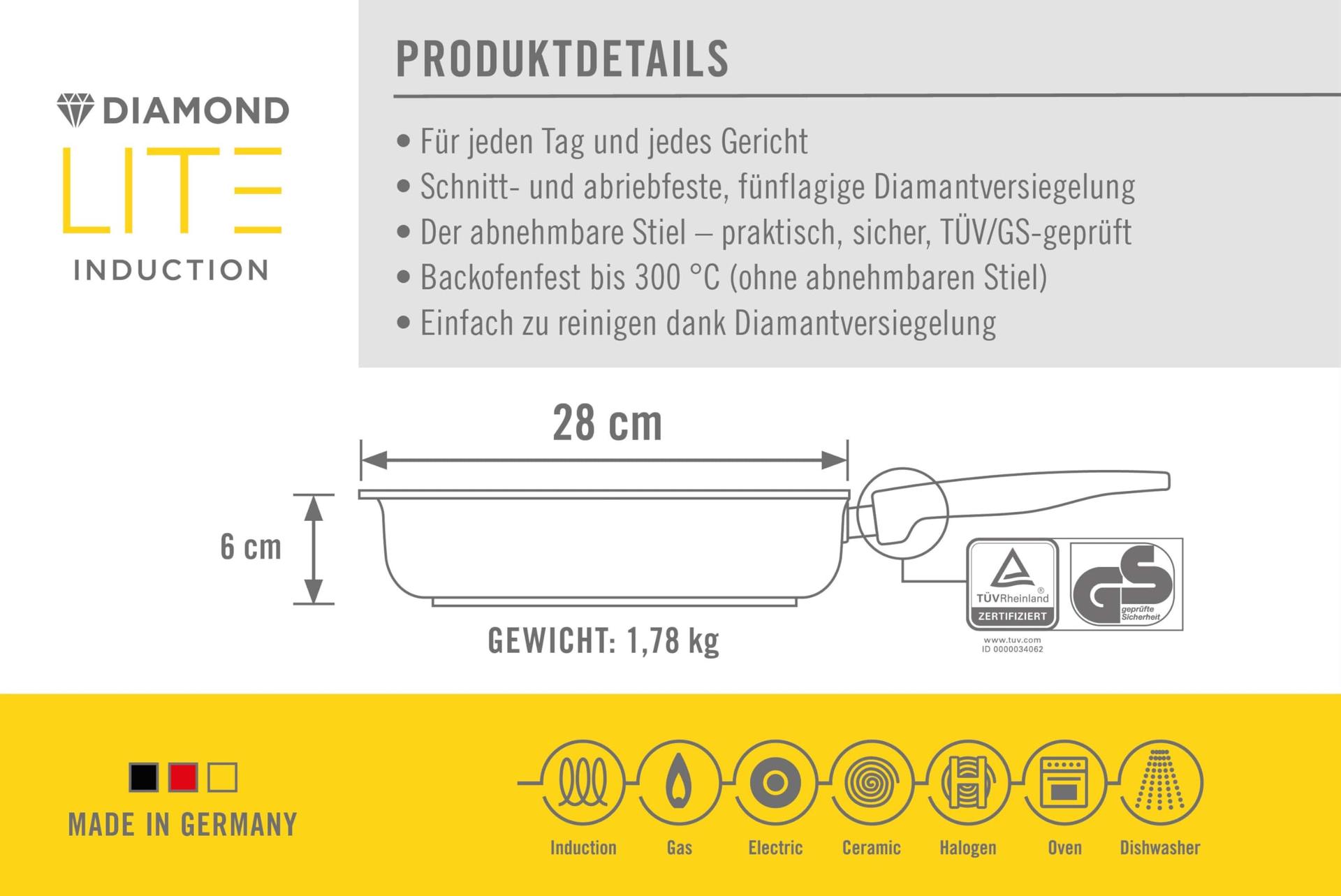 Woll Diamond Lite Nelinurkne Pann – Induktsiooniga – 28×28 cm, 6 cm kõrge, eemaldatava käepidemega – Sobib kõikidele pliiditüüpidele, alumiiniumist, ahjukindel, antratsiit – pakend ja tarvikud