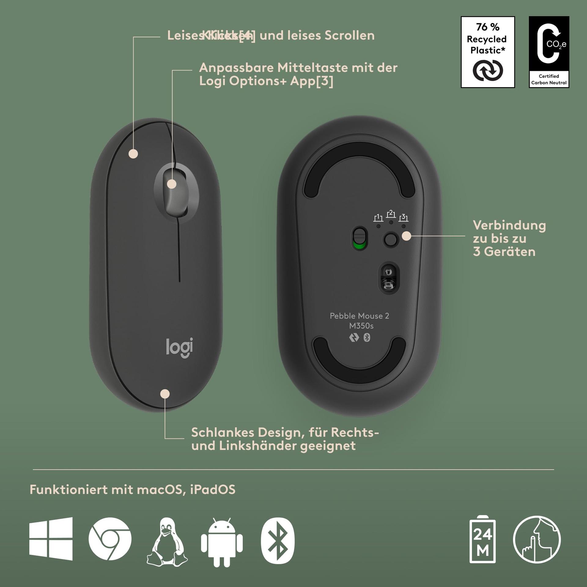 Logitech Pebble 2 Combo Macile – juhtmevaba klaviatuur ja hiir, stiilne, vaikne ja mobiilne, Bluetooth-ühendusega, kergesti kohandatav, QWERTZ-paigutus, grafiit – pilt 9