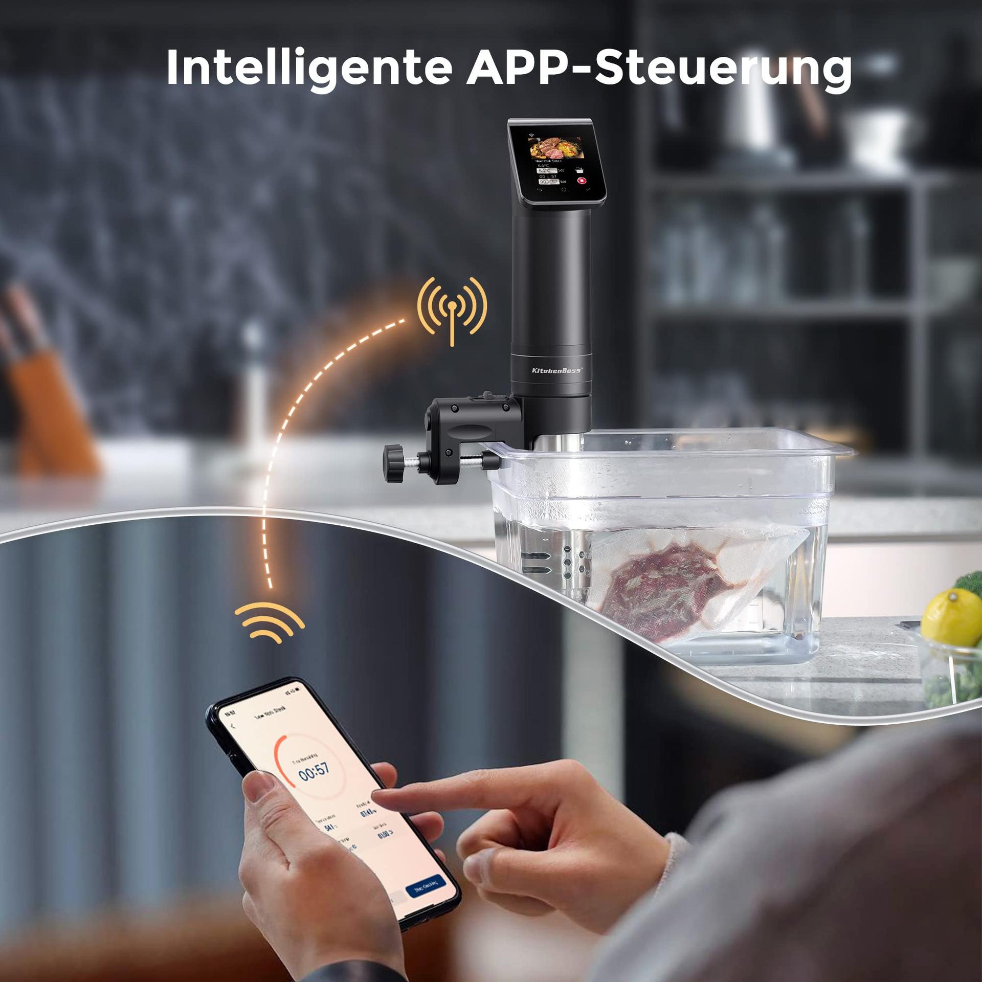 KitchenBoss Sous Vide keetmispulk WLAN: G330 WiFi täpne küpsetaja – temperatuuri reguleerimine kuni 90°C, veekindel IPX7, TFT puutetundlik ekraan, 360° tsirkulatsioon taimeriga – pilt 8