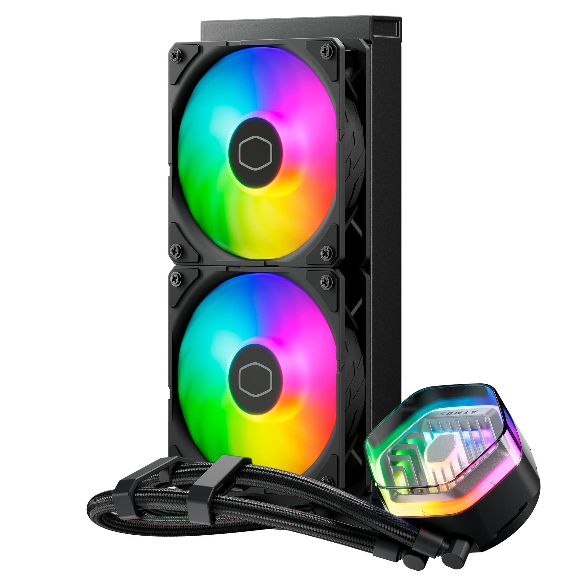 Cooler Master MasterLiquid Atmos 240 Must AIO CPU-veejahutus – Kahekambriline pump, eellaaditud SickleFlow 120 Edge ventilaatorid, adresseeritav Gen 2 RGB, LGA1700 & AM5 – Must – detailne vaade