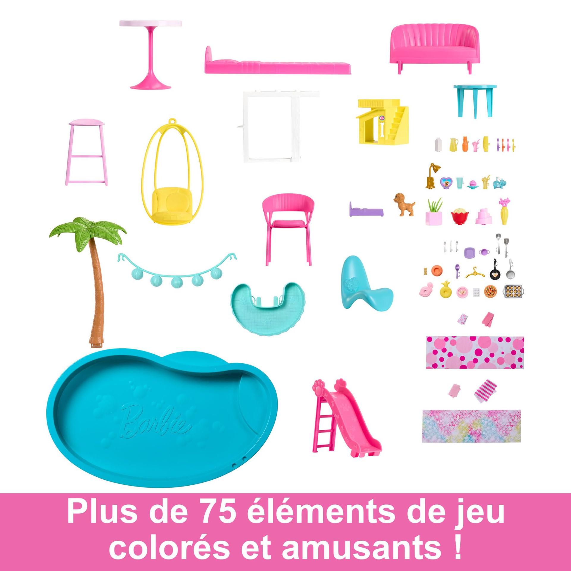 Barbie Unistuste Villa – 3-korruseline Barbie maja 10 mängualaga, bassein, liumägi, lift, 75 nukutarvikut, mängukoer, mänguasi lastele alates 3. eluaastast, HMX10 – kasutusnäide