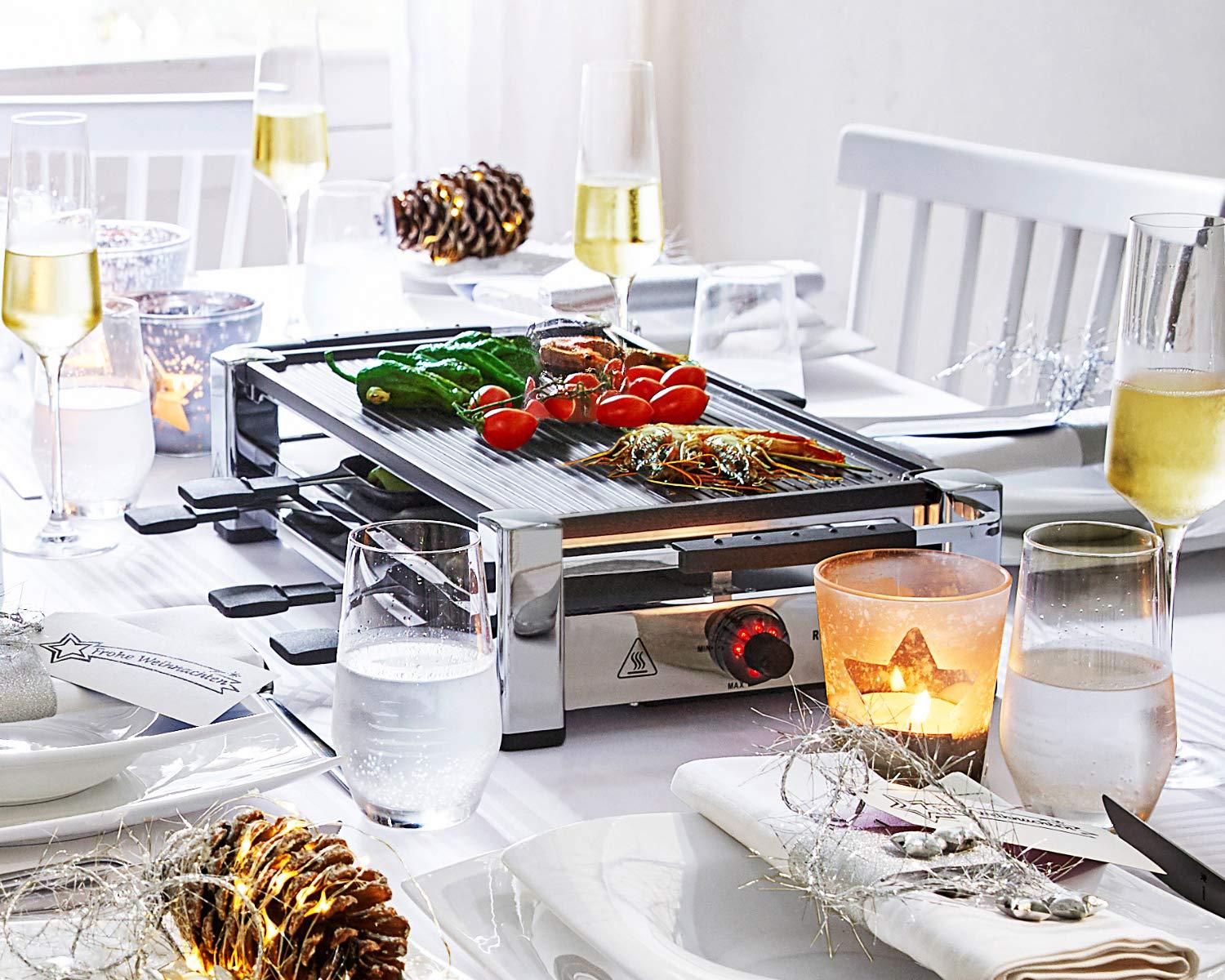ROMMELSBACHER RCC 1500 Raclette-Grill (2 m pikk juhe, lauagrill 8 inimesele, alumiiniumist grillplaat, Xylan Plus mittenakkuv kate, parkimistekk, 1500 W) kroom – kasutusnäide