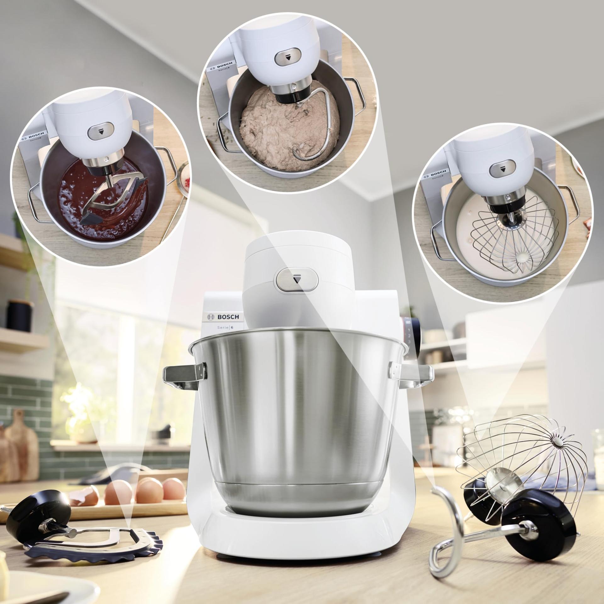 Bosch köögikombain Series 6 MUMS6EW13D, UUS, 7 kiirusastet, 5,5l kauss, lõikur, 3 ketast, taignakonks, segamislabidas, silikoonvispel, nõudepesumasinas pestav, 1 600 W, hõbedane/valge – pilt 7