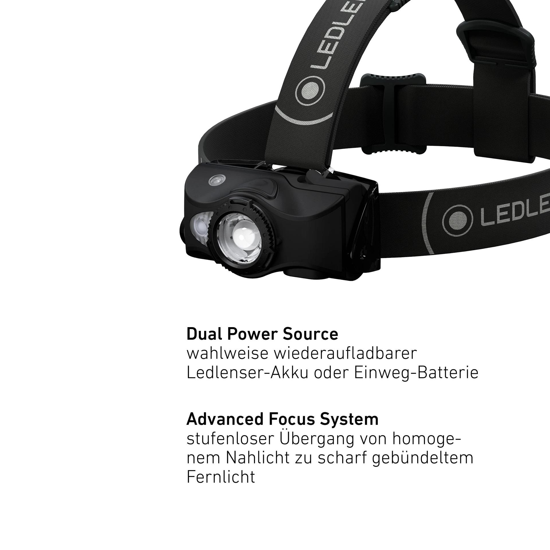 Ledlenser MH8 välitingimustes kasutatav pealamp, must, laetav akuga, 600 luumenit, fokusseeritav, kuni 60 h valgusaeg, punane/roheline/sinine valgus, 2xAA patareidega kasutatav, transpordilukk, jahindus, kalapüük – pakend ja tarvikud