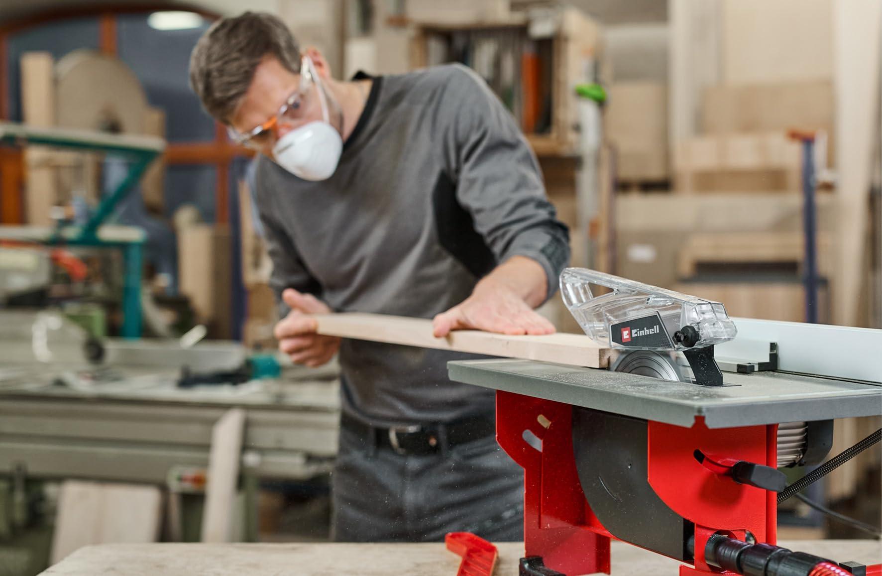 Einhell lauatikksaag TC-TS 8 I (800 W, 45 mm lõike kõrgus, Ø 200 mm saeleht, nurga- ja paralleeljuhik, tolmuimeja ühendus, sisaldab HW/TCT-saelehte) – pakend ja tarvikud