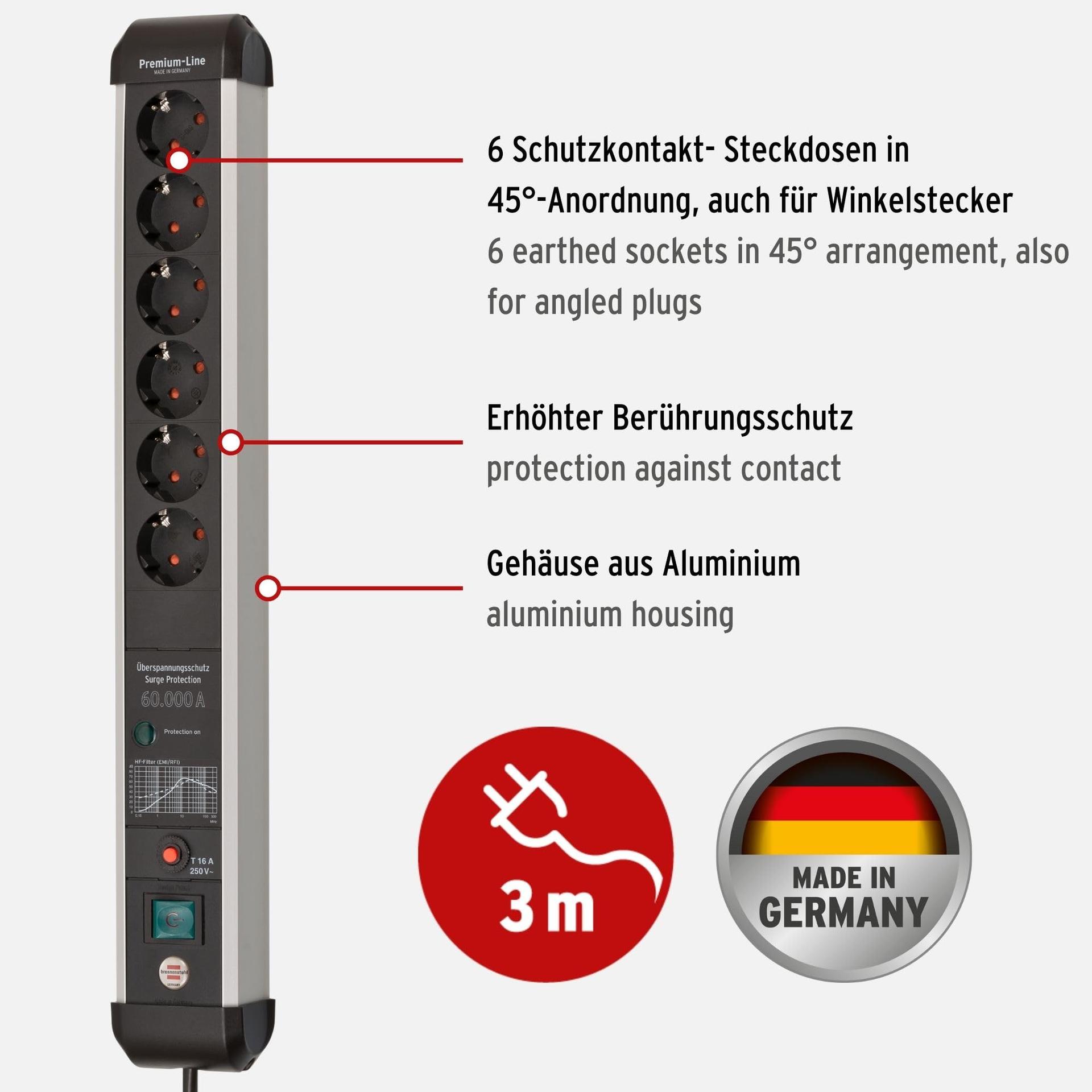 Brennenstuhl Premium-Protect-Line 6-pesaline pikendusjuhe ülepinge kaitsega 60 000 A (mitmeotstarbeline pistikupesa lülitiga ja 5m kaabliga, valmistatud Saksamaal) hõbedane/must – detailne vaade