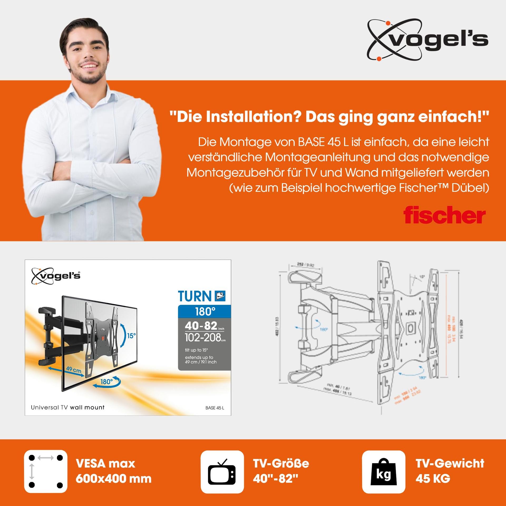 Vogel’s Base 45 L pööratav TV-seinakinnitus 40-80-tollistele teleritele, max 45 kg, kuni 180° pööratav, kallutatav, VESA 600×400, universaalne ühilduvus, TÜV-sertifikaadiga – lisavaade