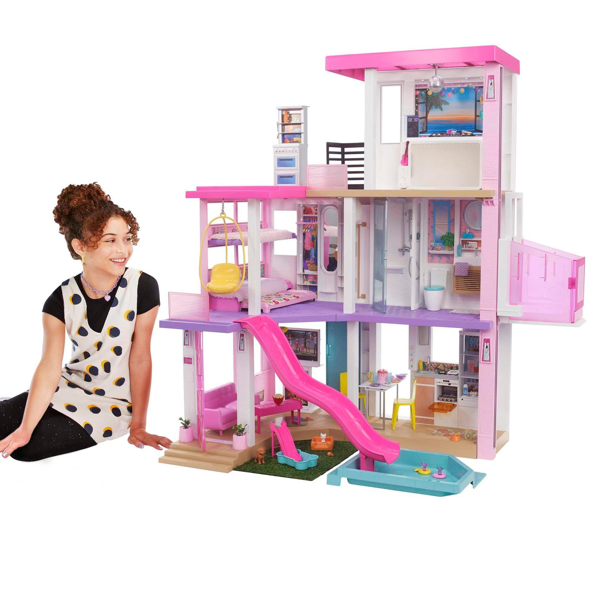 Barbie Unistuste Maja (114 cm), 3-korruseline nukkude maja Barbie basseiniga, liumägi, ratastoolitõstuk, 75+ Barbie tarvikud, nukud pole kaasas, kingitus lastele alates 3. eluaastast, GRG93