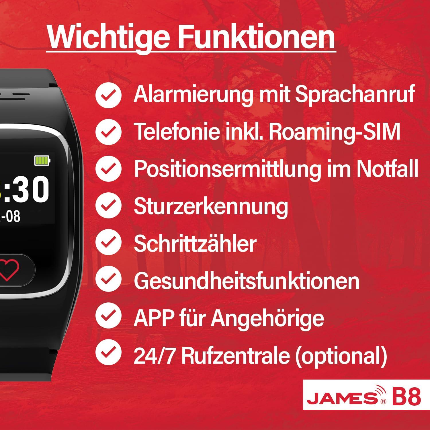 James B8 (must) Hädaabi- ja turvakell eakatele, kukkumistuvastus, hädaabinupp ja GPS-jälgimine, tervisefunktsioonid nagu pulsimõõtmine, pereäpp + SIM-kaart kuulub kuutasusse, alarm – pakend ja tarvikud