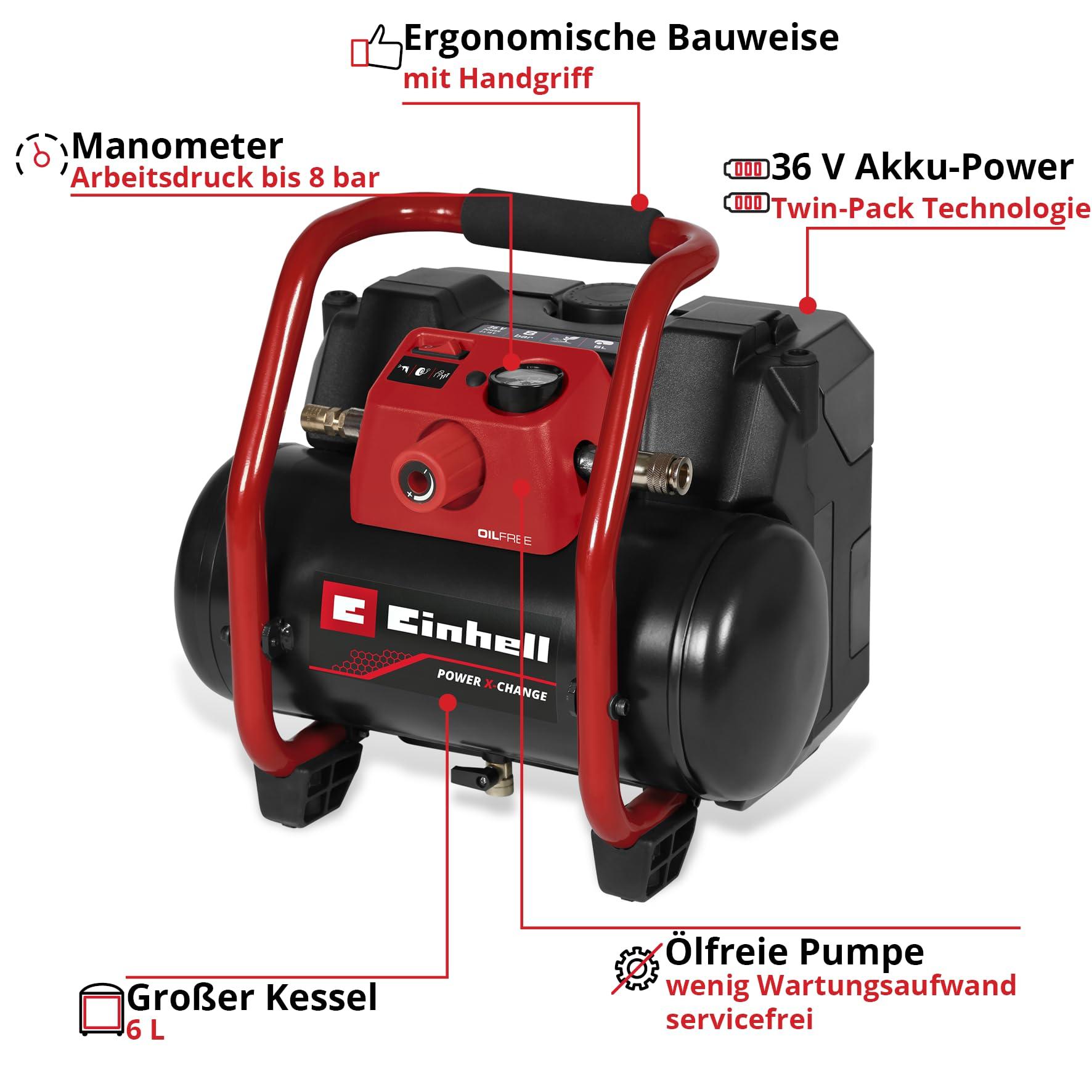 Einhell akuga kompressor TE-AC 36/150 Li OF-Solo Power X-Change (36 V, max. 8 bar, 6 l paak, 150 l/min imemisvõimsus, manomeeter, õlivaba, ilma akuta) – pakend ja tarvikud