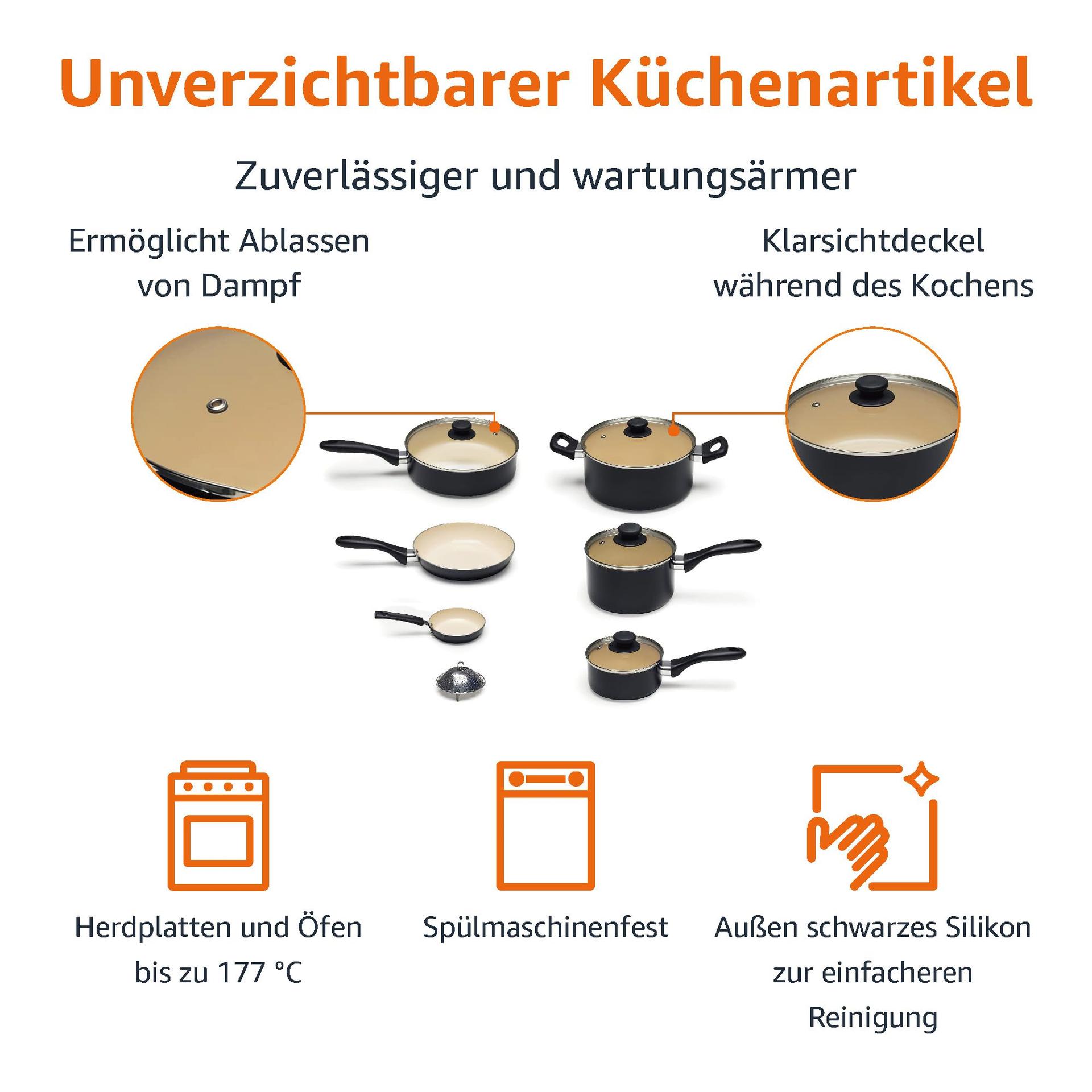 Amazon Basics 11-osaline keraamiline kööginõude komplekt, mittenakkuv, PFOA- ja PTFE-vaba, must/kreem – pakend ja tarvikud